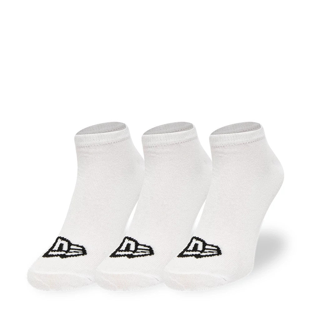 New Era Flag Sneaker 3 Pack White Socks, front view showing three pairs of white ankle socks arranged side by side, each featuring a black embroidered New Era flag logo near the toe area.