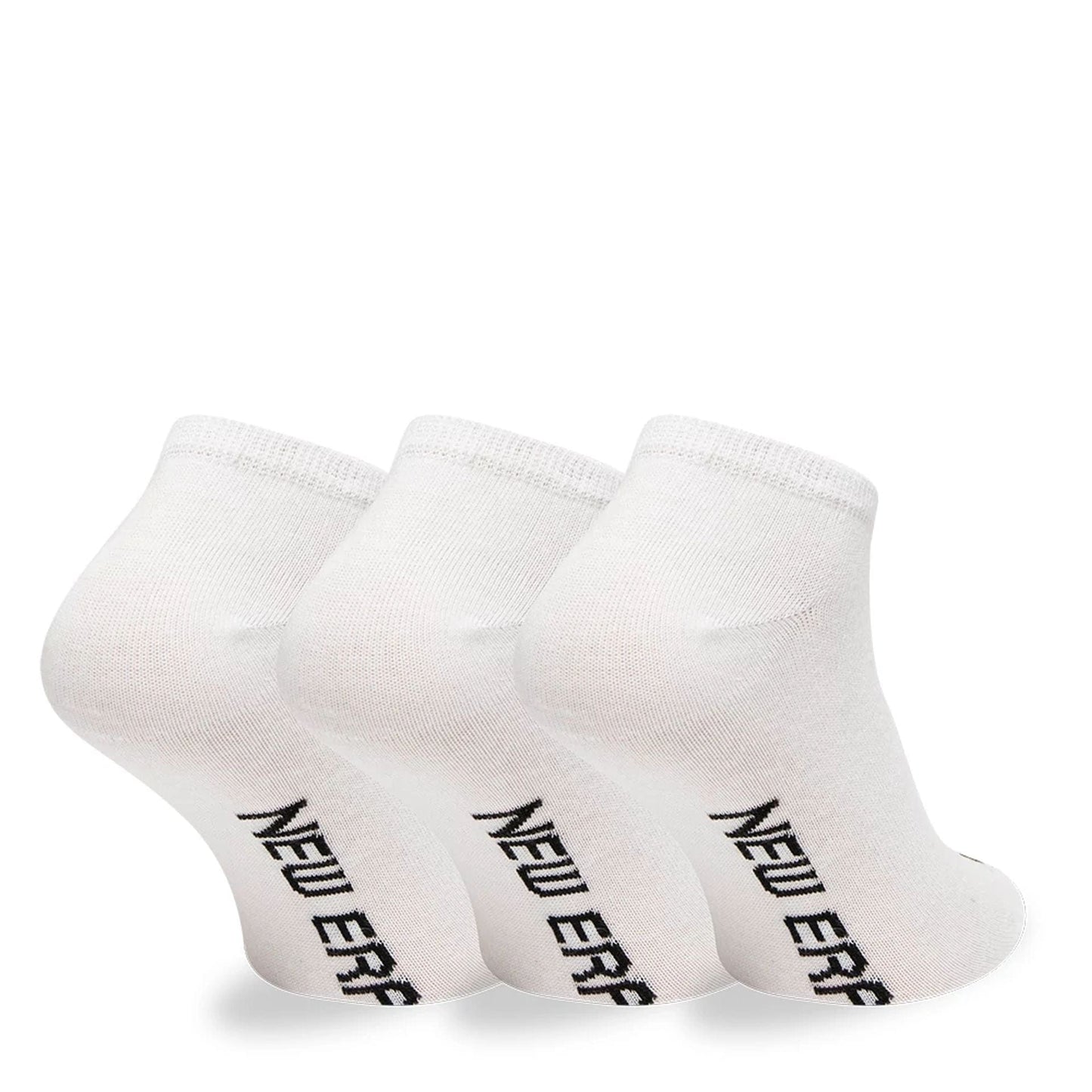 New Era Flag Sneaker 3 Pack White Socks, angled view showing three white socks aligned side by side with the black New Era logo running vertically along the outer side of each sock.