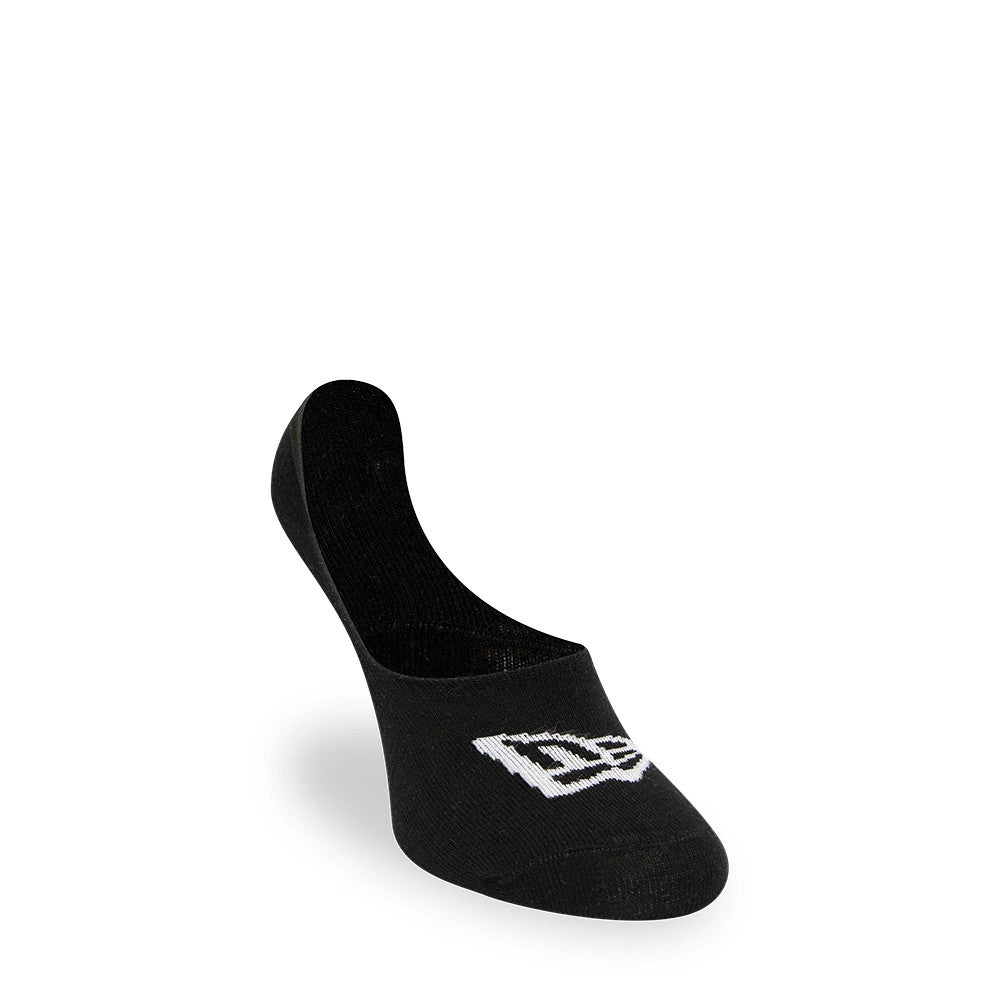 New Era Flag 3 Pack Invisible Black Socks, side view highlighting a single black sock with a white raised New Era logo on the top edge near the toe, showcasing the low profile and minimalistic design.