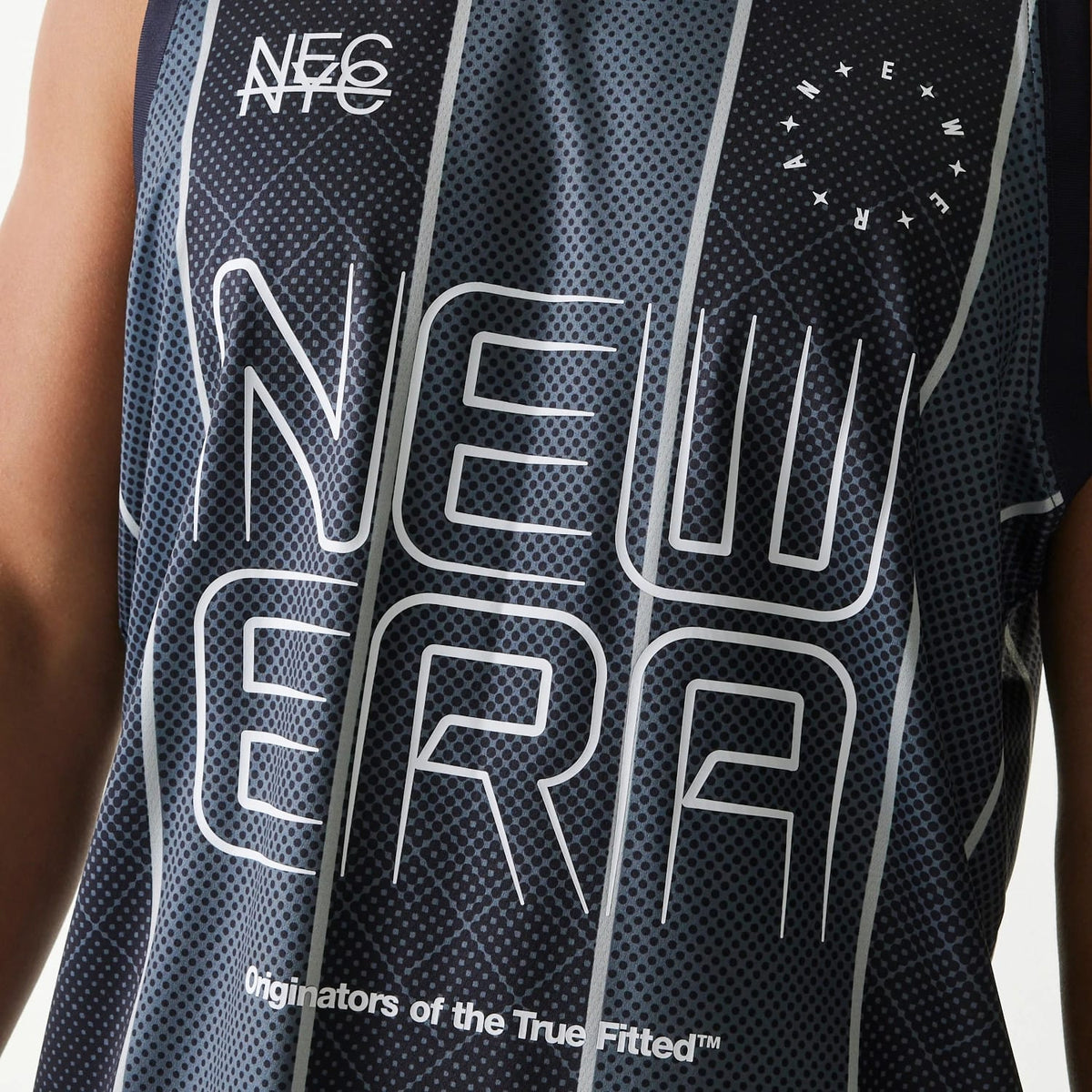 New Era City Sport Black Tank Top, front view showing bold geometric patterns in grey and black with large white New Era branding across the chest, small New Era logo near the shoulder, and a dark mesh design for breathability.
