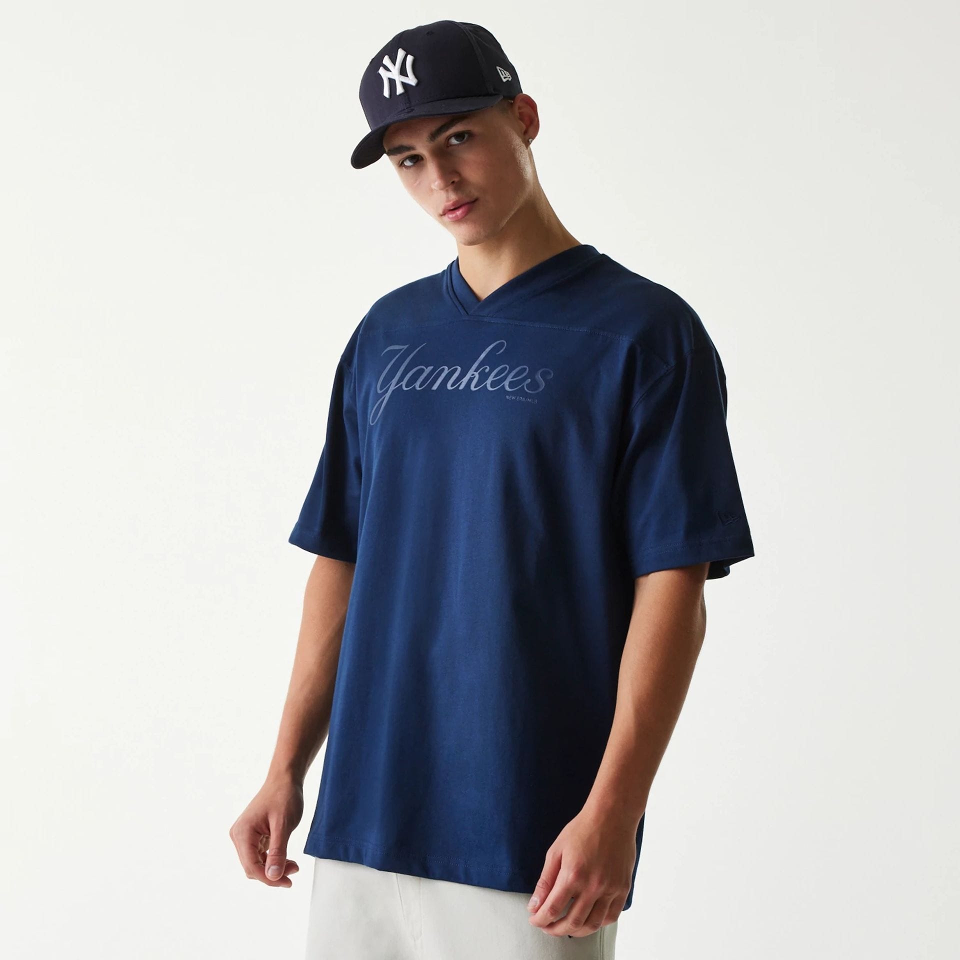 The Male model is wearing New York Yankees Tonal Pack Blue T-Shirt 1