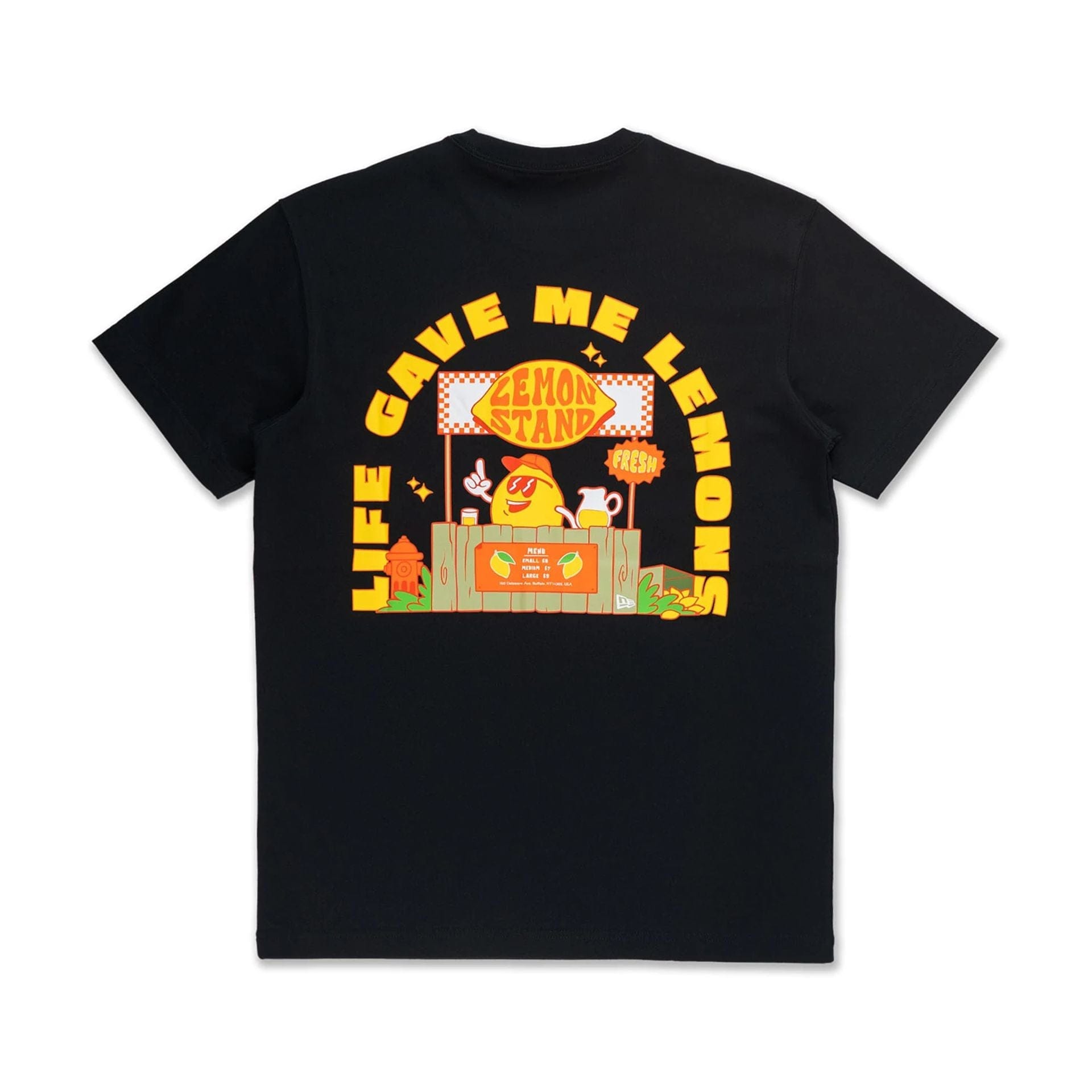 The Male model is wearing New Era Fruit Lemon Stand Black T-Shirt 2