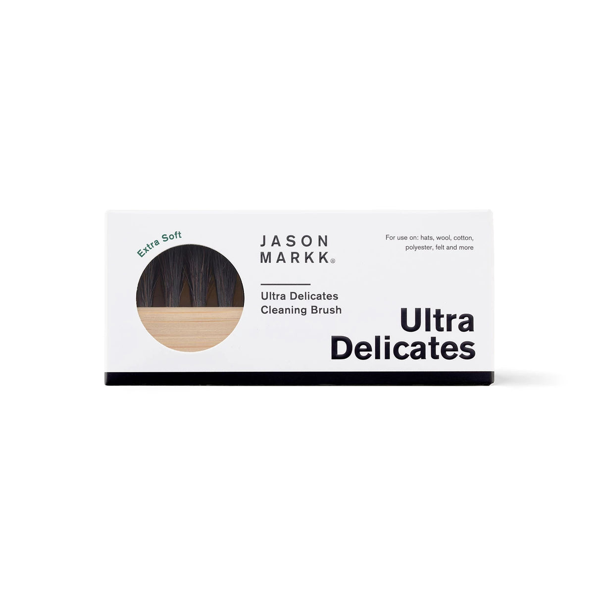 Jason Markk® Ultra Delicates Wooden Cap Brush, front view showing the boxed packaging with a circular window revealing soft black bristles and wooden handle, labelled for use on hats and delicate fabrics.