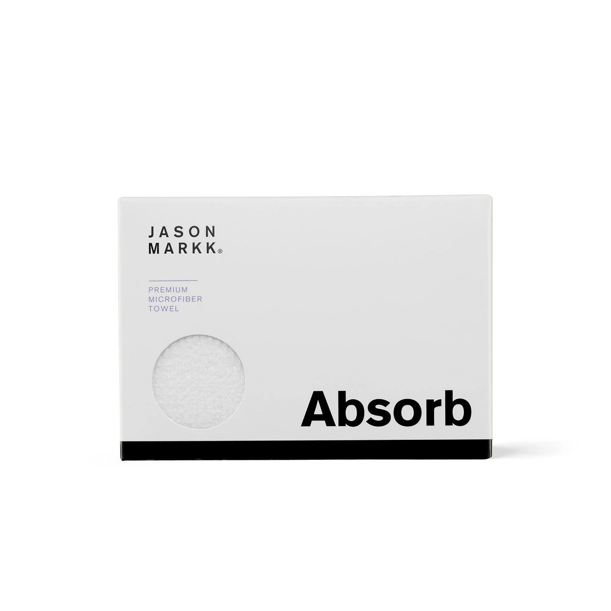 Jason Markk® Absorb Premium Microfiber Towel, front view showing white packaging with a circular cutout revealing the towel texture, featuring bold black Absorb lettering and the Jason Markk® logo at the top left.