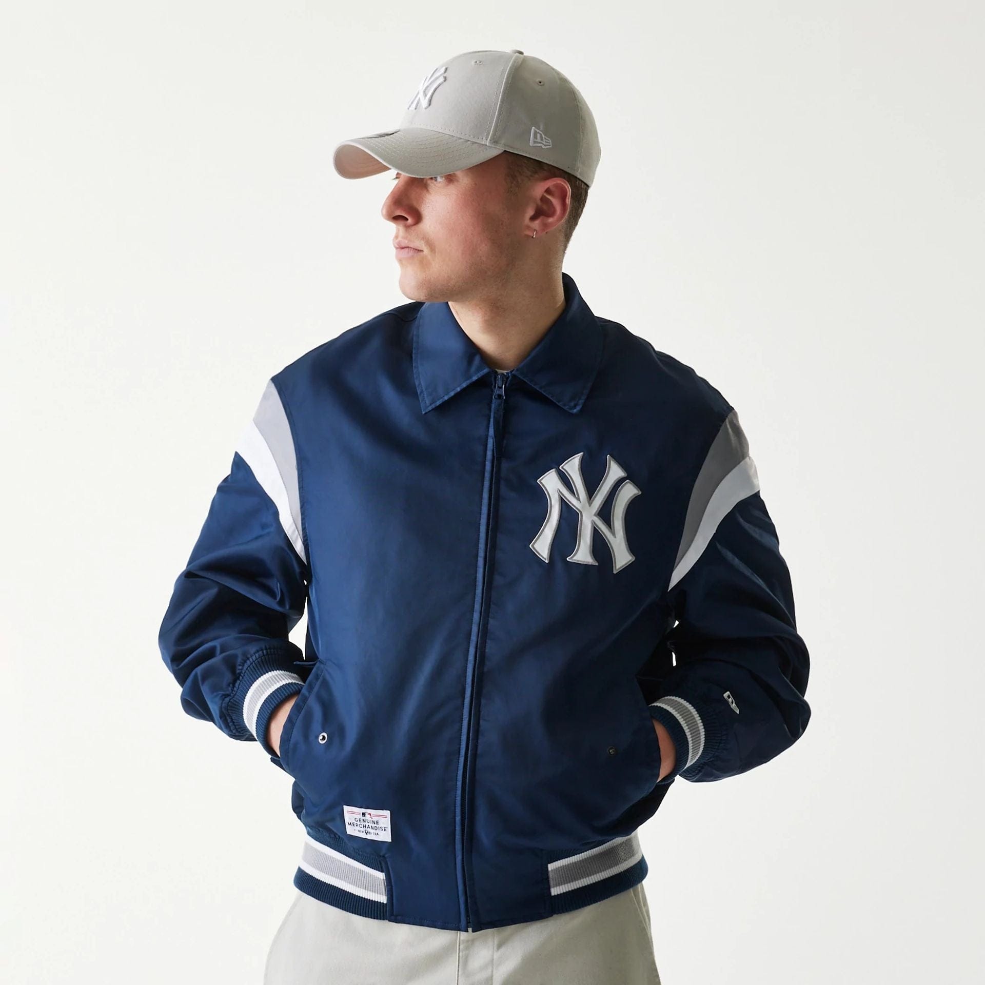 The Male model is wearing New York Yankees MLB Retro Stadium Navy Jacket 1