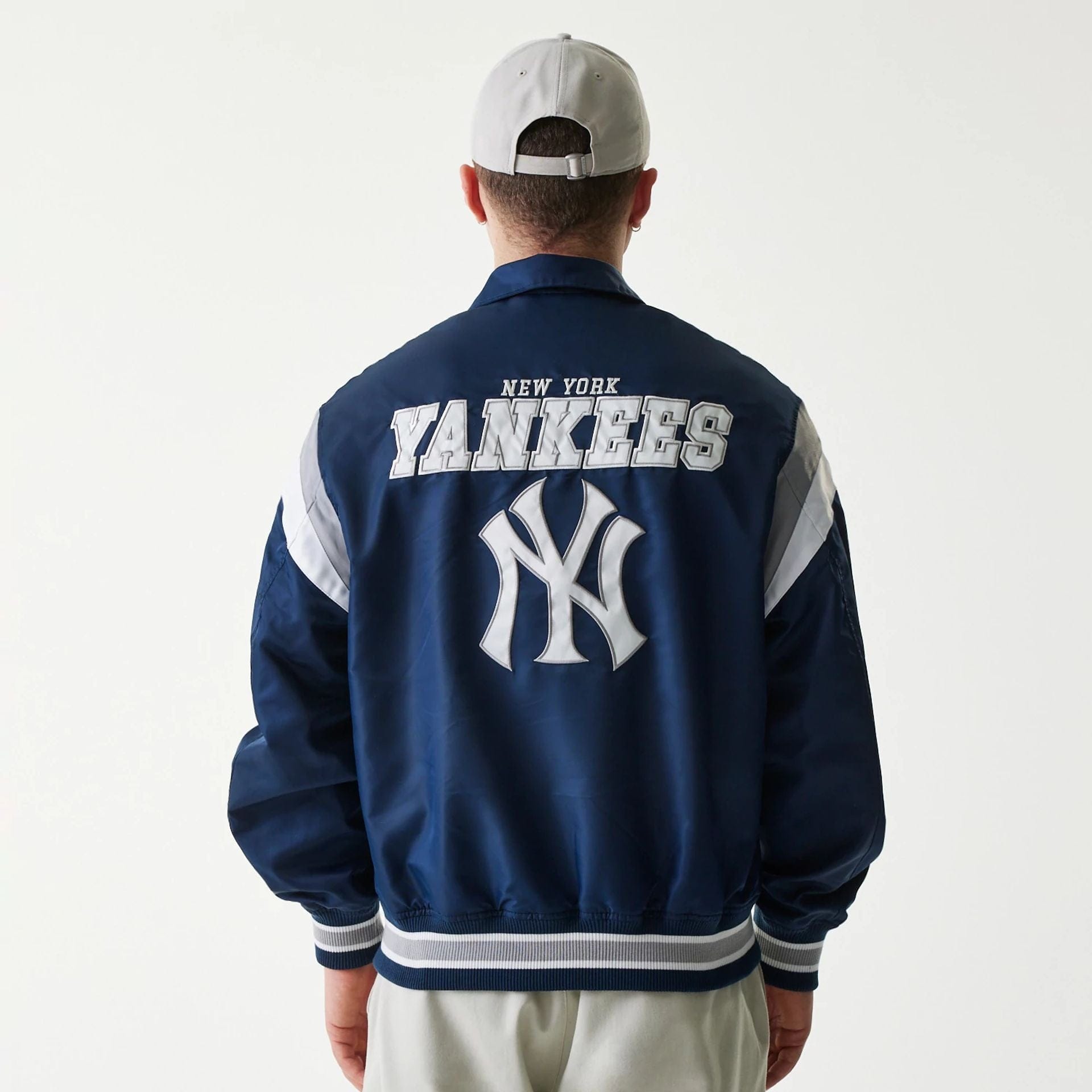 The Male model is wearing New York Yankees MLB Retro Stadium Navy Jacket 2