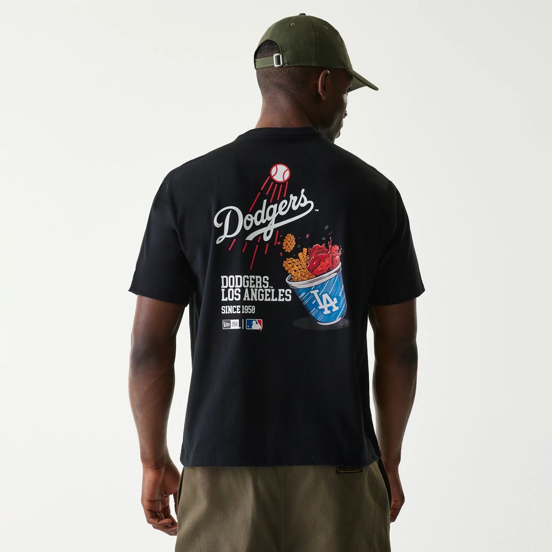 The Male model is wearing LA Dodgers MLB Cheering Food Black T-Shirt 2