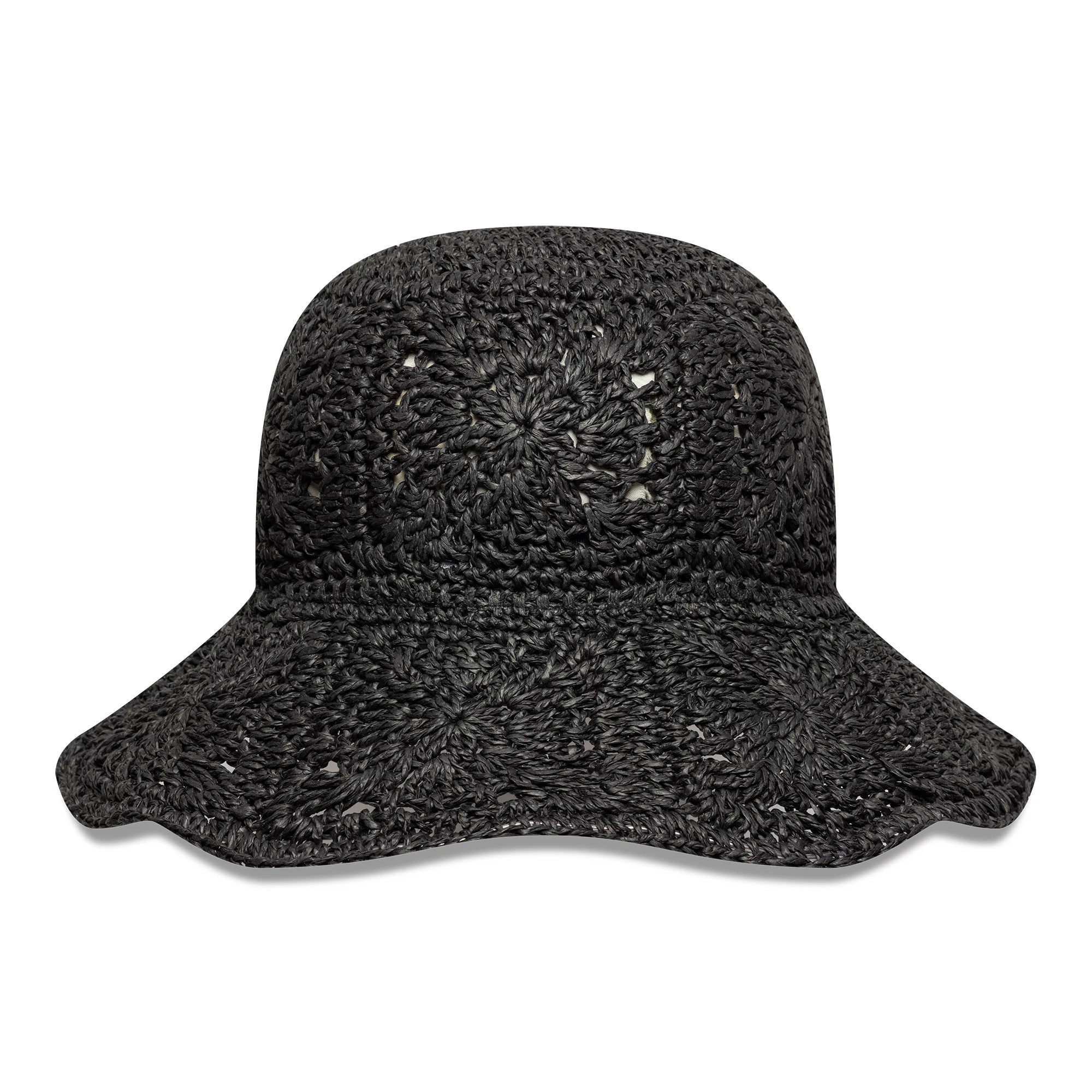 New Era Paper Hat Black Adventure Bucket Hat, front view showing intricate black crocheted design with circular patterns and a wide brim, highlighting the textured surface and unique woven style.