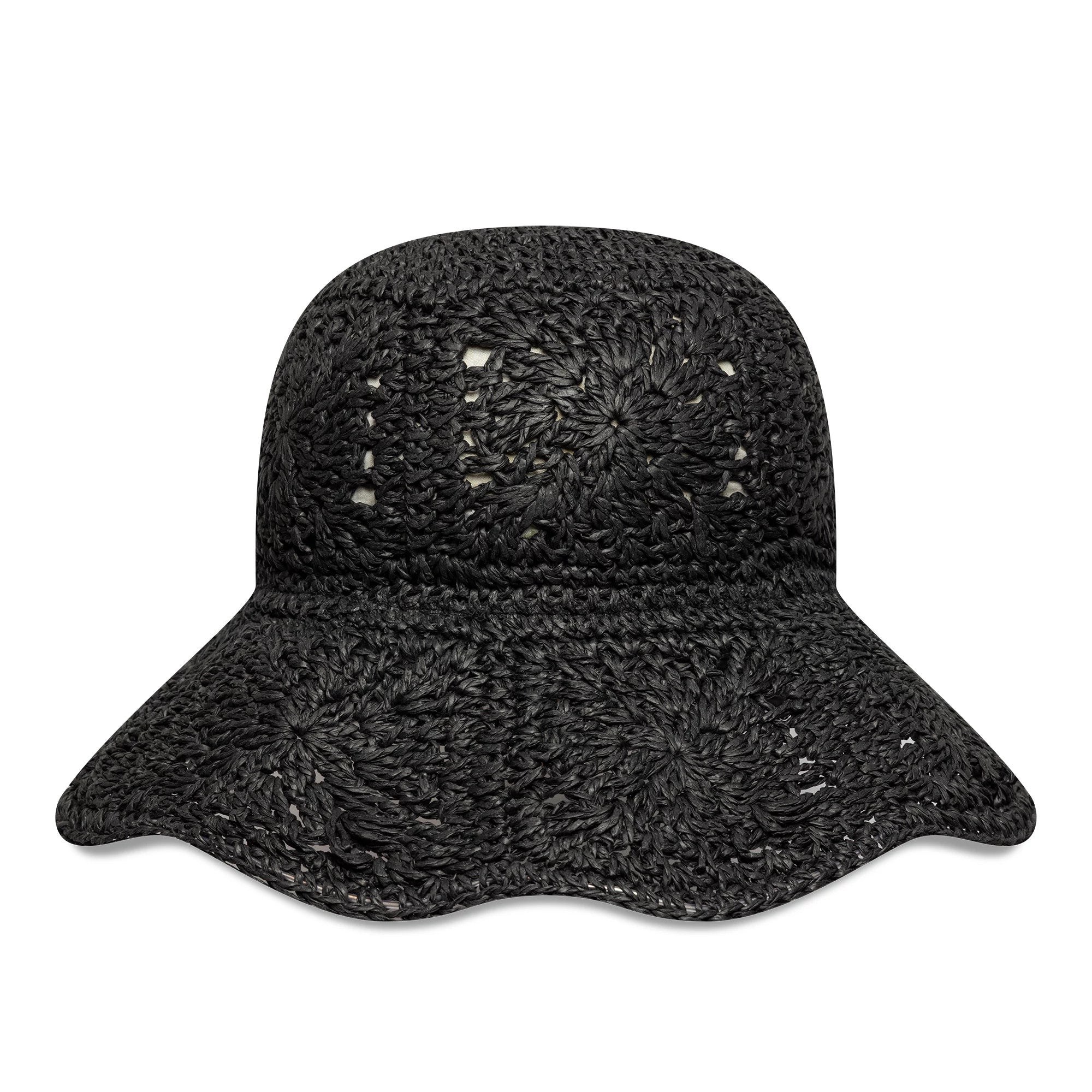 New Era Paper Hat Black Adventure Bucket Hat, front view showing the intricate stitched pattern across the crown and wide brim, creating a textured and detailed look unique to this soft black bucket style.