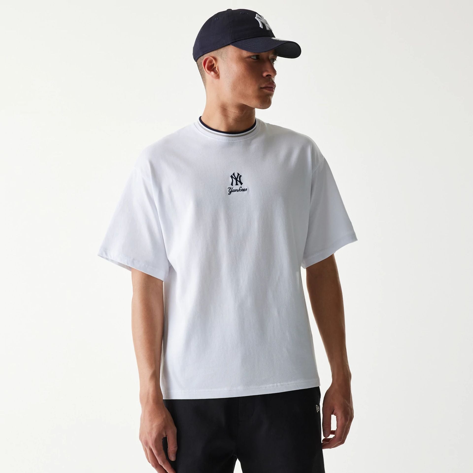 The Male model is wearing New York Yankees MLB Mini Embroidery White T-Shirt 1