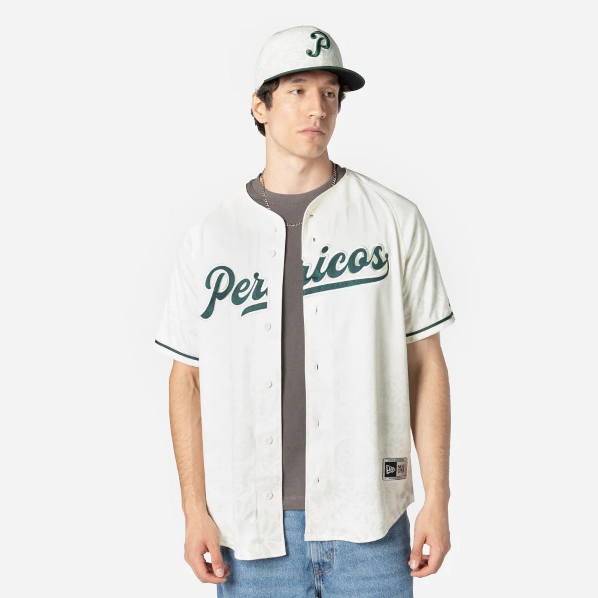 The Male model is wearing Puebla Pericos Mexico LMB On Field White On-Field Jersey 1