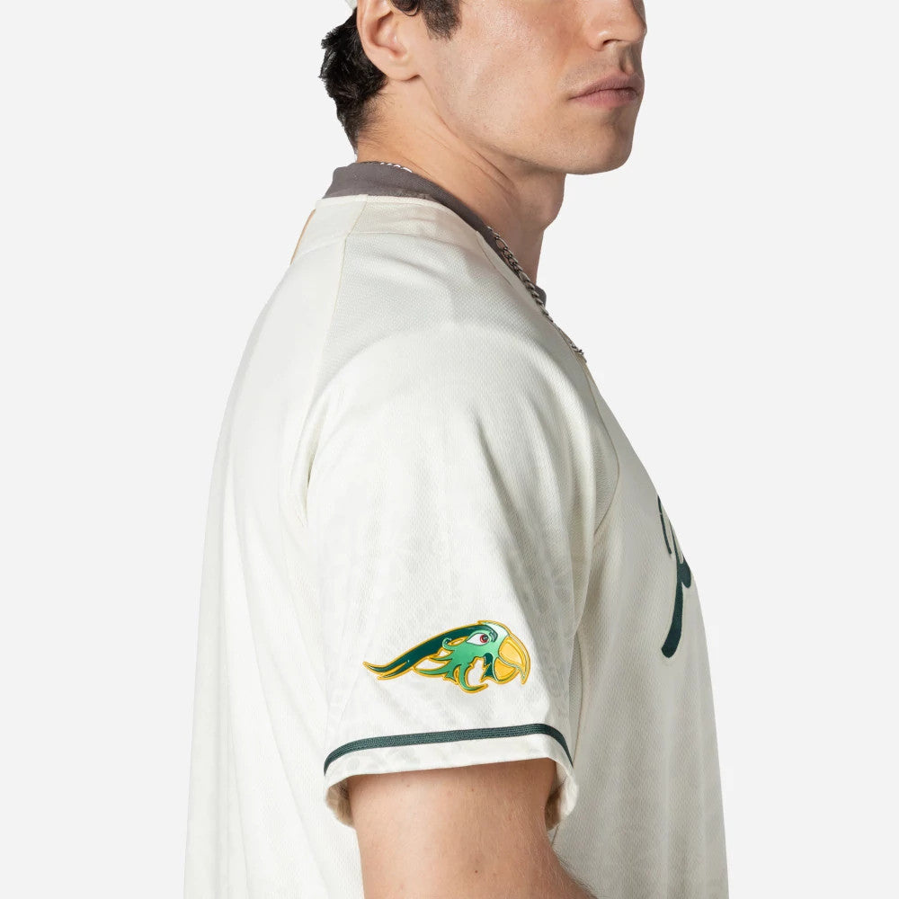 The Male model is wearing Puebla Pericos Mexico LMB On Field White On-Field Jersey 4