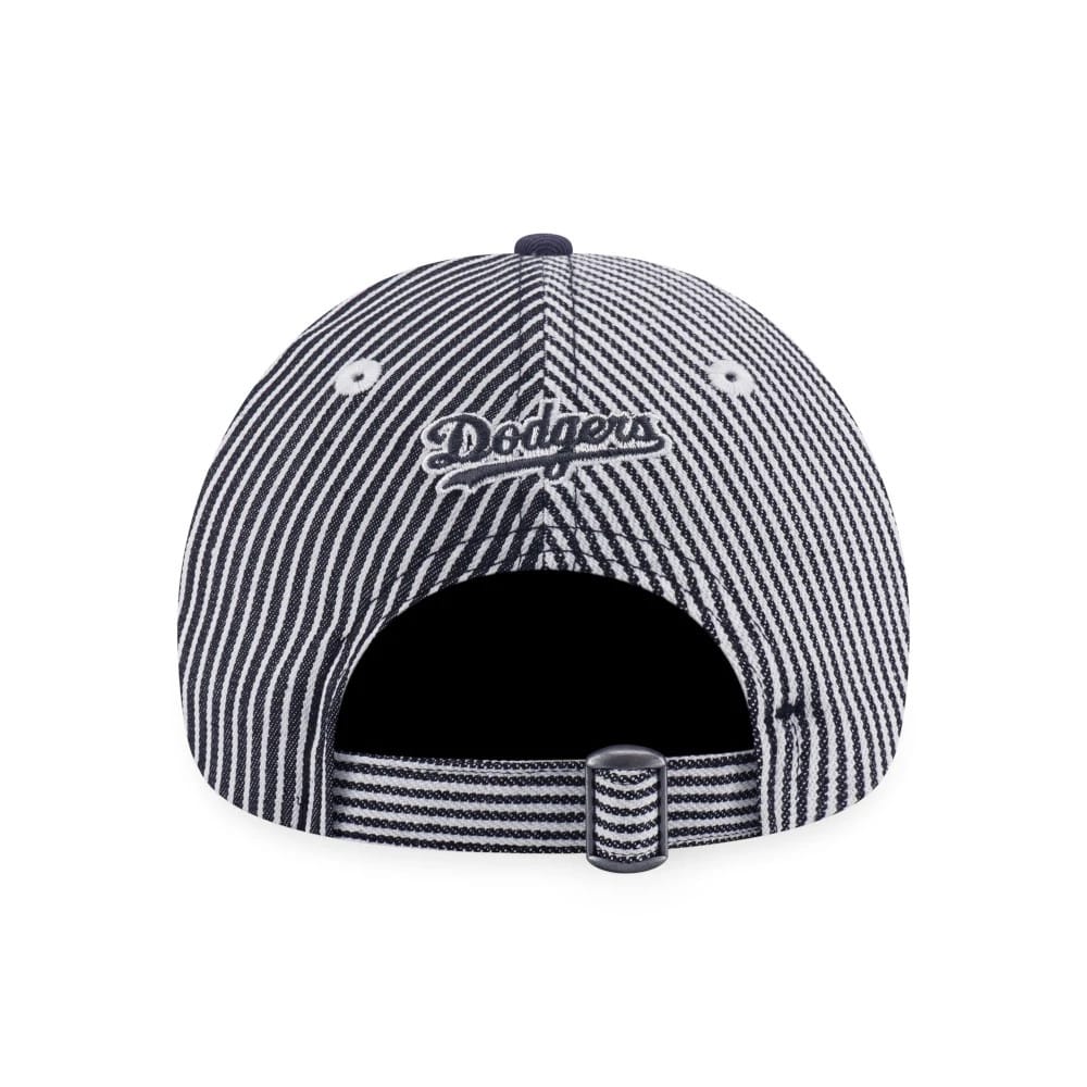 LA Dodgers MLB Patchwork Grey New Era 9TWENTY Adjustable Cap, rear view showing the embroidered Dodgers script logo centred above the adjustable fabric strap, with a distinctive striped pattern on the crown and grey top button.