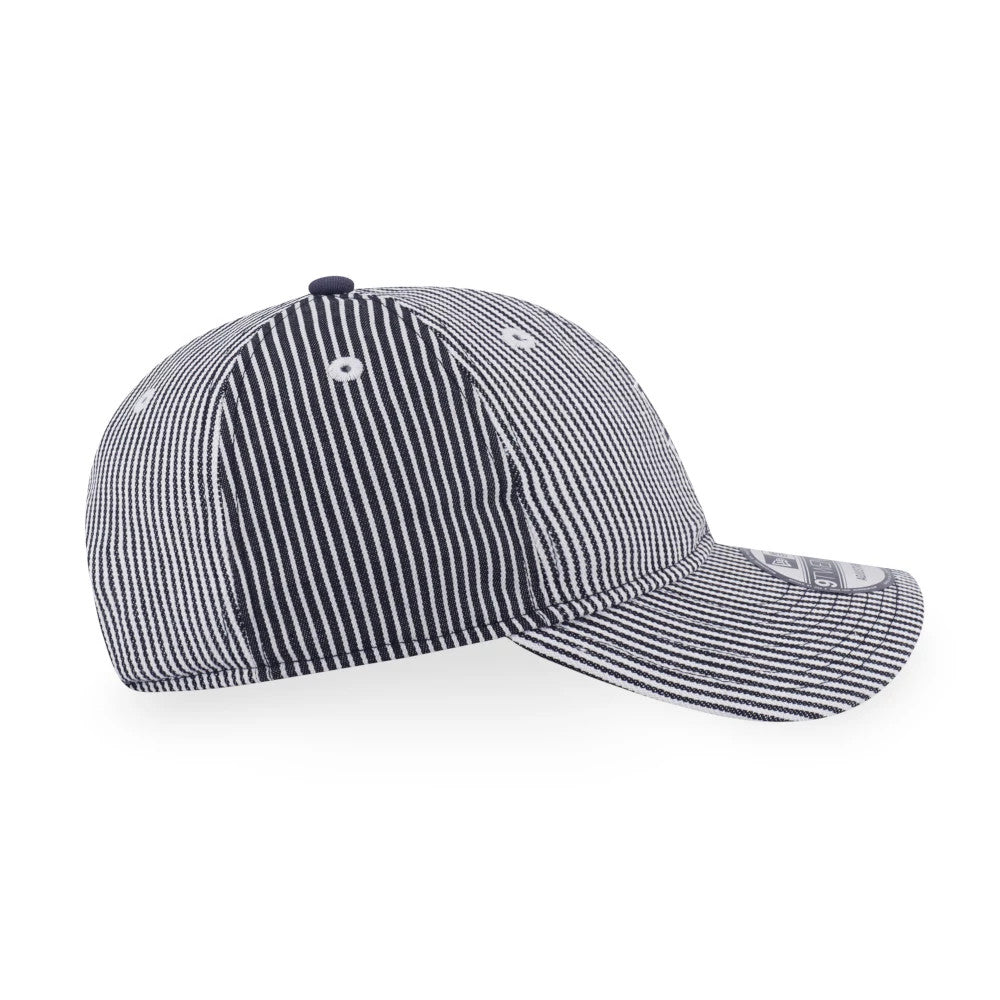 LA Dodgers MLB Patchwork Grey New Era 9TWENTY Adjustable Cap, side view showing the pinstripe pattern on the structured crown and curved visor, with a 9TWENTY size sticker positioned on the top of the visor.