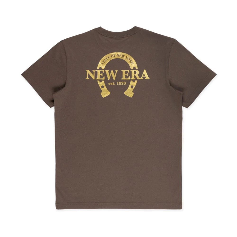New Era Year Of The Horse Brown T-Shirt, rear view showing a gold printed horseshoe design with "State of New York" text above a large "New Era est. 1920" logo in the centre on the brown fabric.