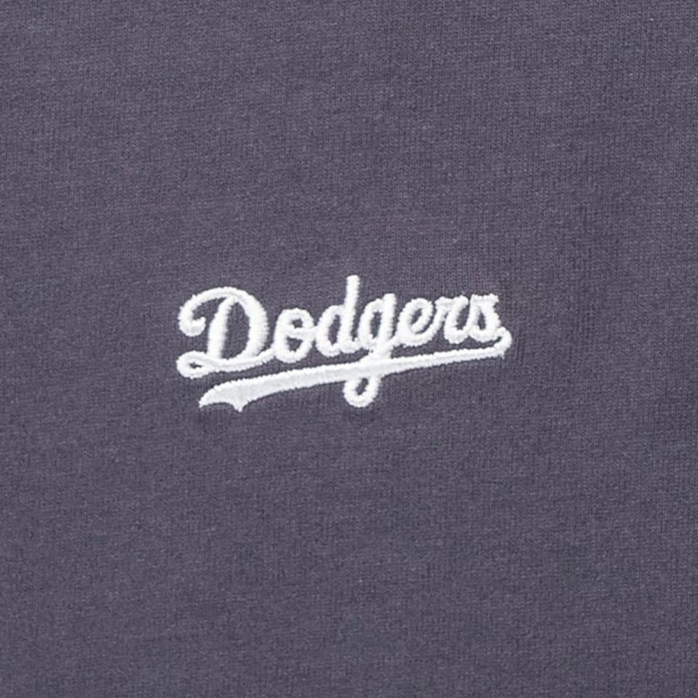 New Era LA Dodgers MLB Patchwork Grey T-Shirt, front view showing the grey fabric with an embroidered white Dodgers script logo centred on the chest area.