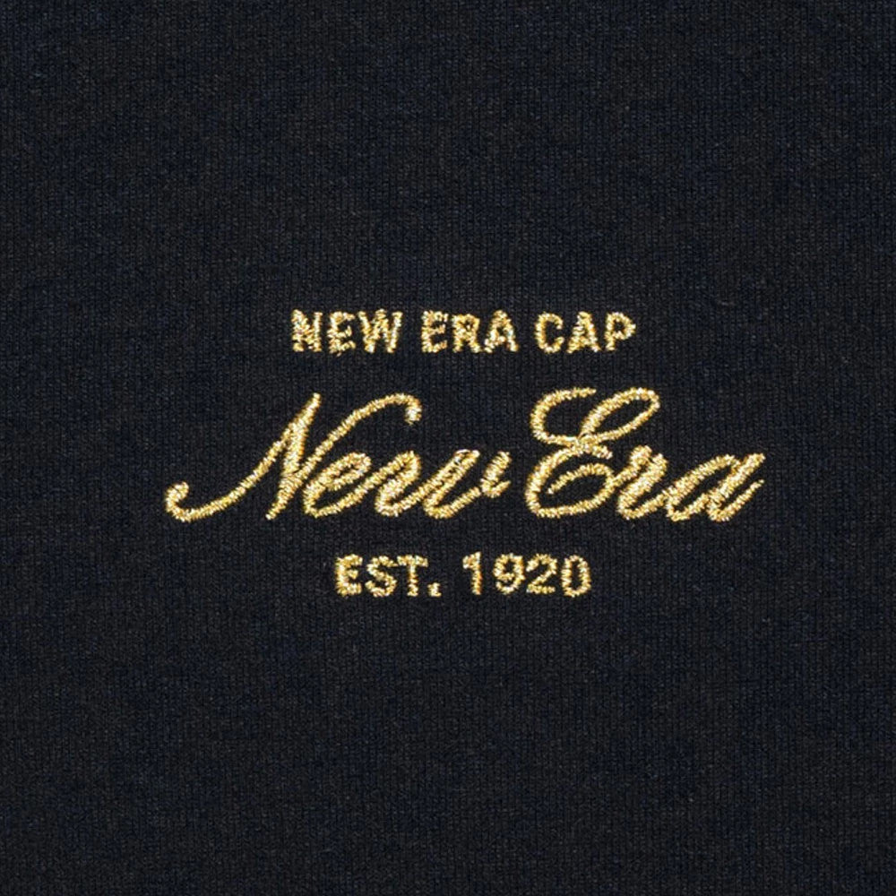 New Era NEC logo Black T-Shirt, front view showing a raised gold New Era Cap logo in the centre of the black fabric with the text 'New Era Est. 1920' embroidered below the signature script.