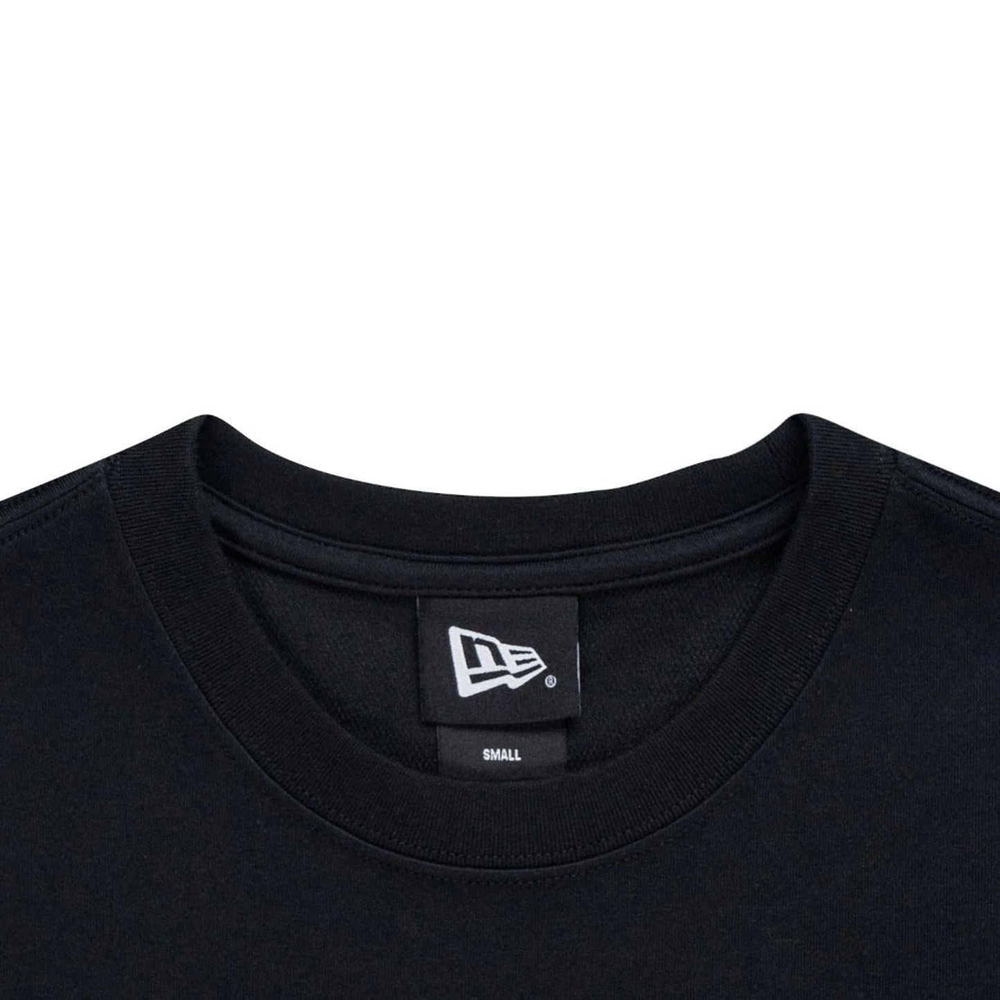 New Era NEC logo Black T-Shirt, front view showing the black crew neck collar with a raised New Era logo on the inner label set against the smooth fabric, highlighting the neckline detail.