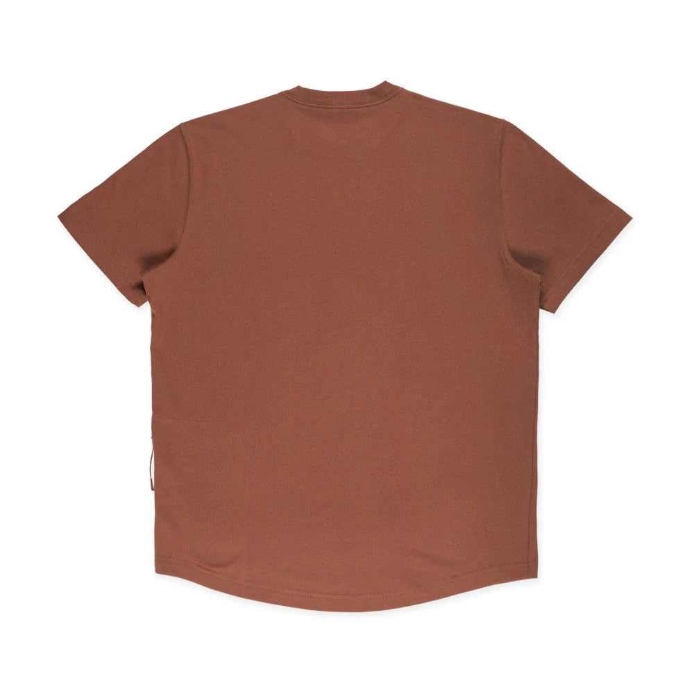 The model is wearing this New Era Mountain Logo T-Shirt in Open Brown. 2