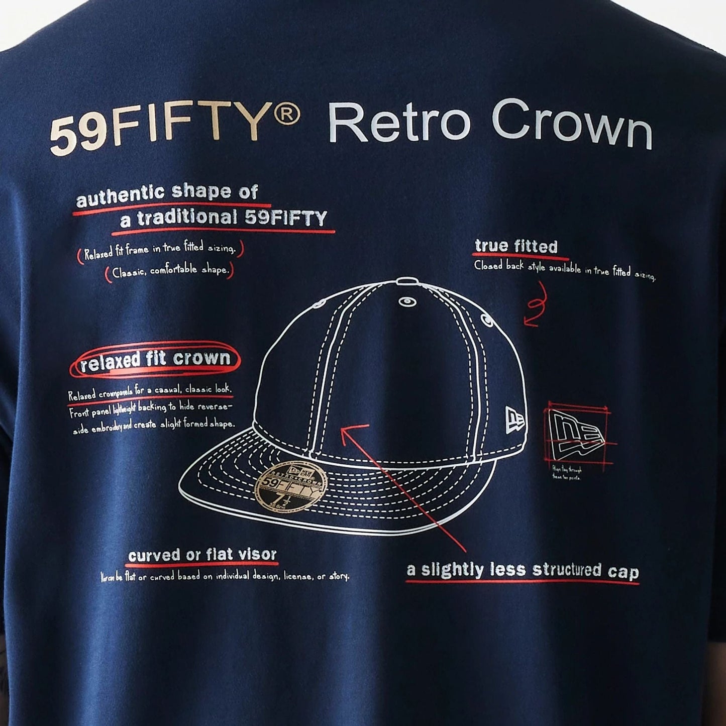 The Male model is wearing Retro Crown 59FIFTY Fitted Cap Description Navy T-Shirt 7