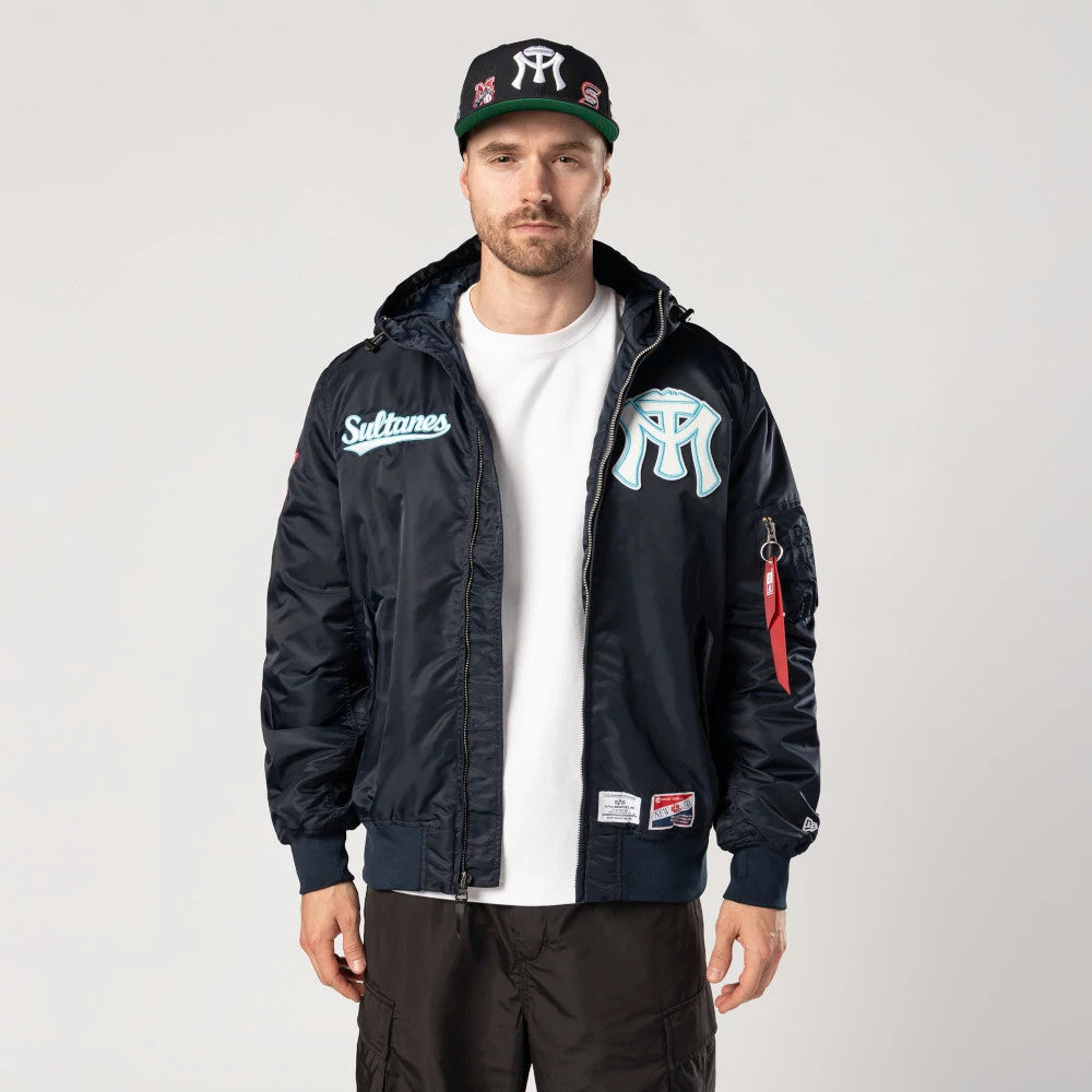 The Male model is wearing Sultanes De Monterrey LMB X Alpha Navy Jacket 1