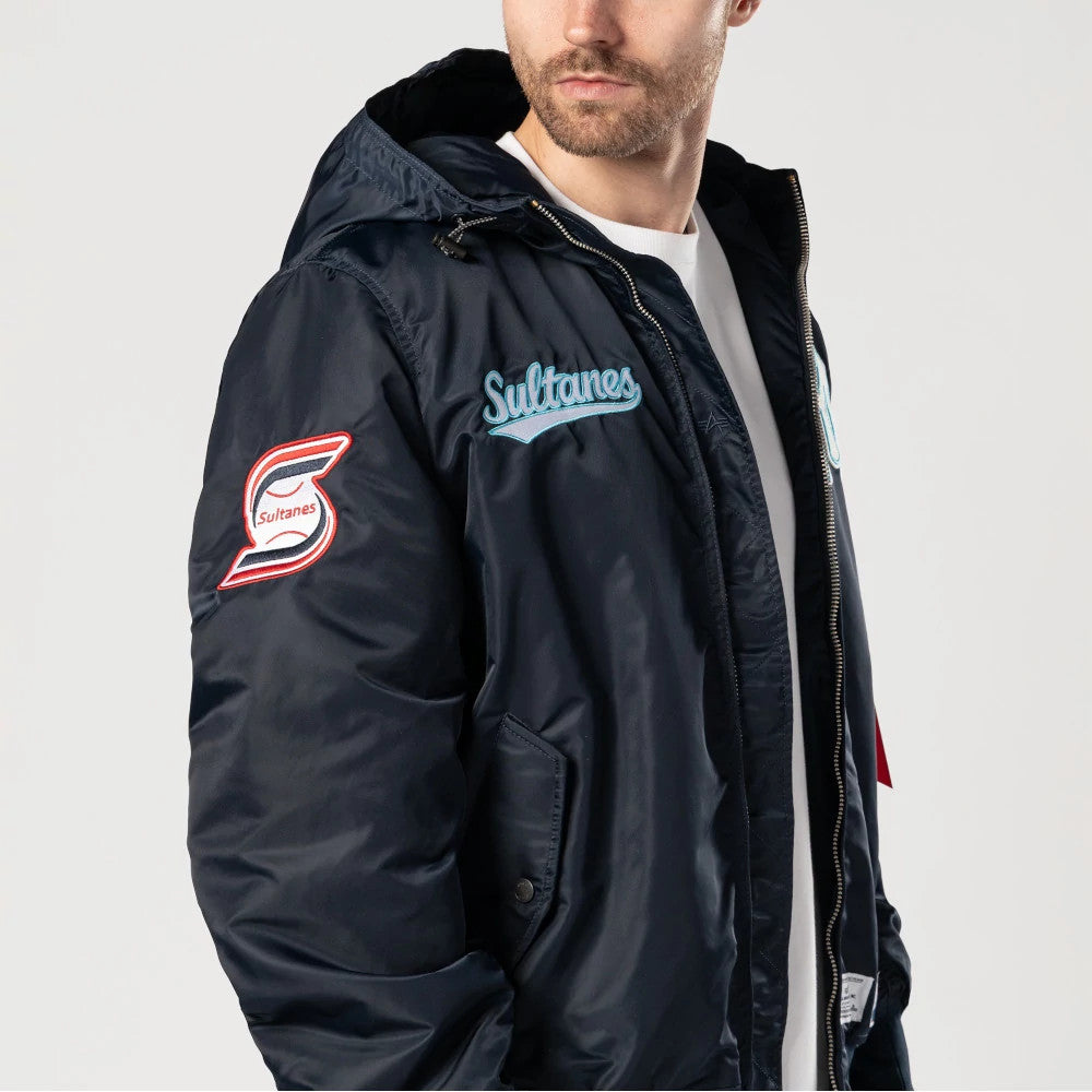 Sultanes De Monterrey LMB X Alpha Navy Jacket, front view showing a blue embroidered "Sultanes" logo on the chest, a raised team logo patch on the left sleeve, and a full zip running down the side.