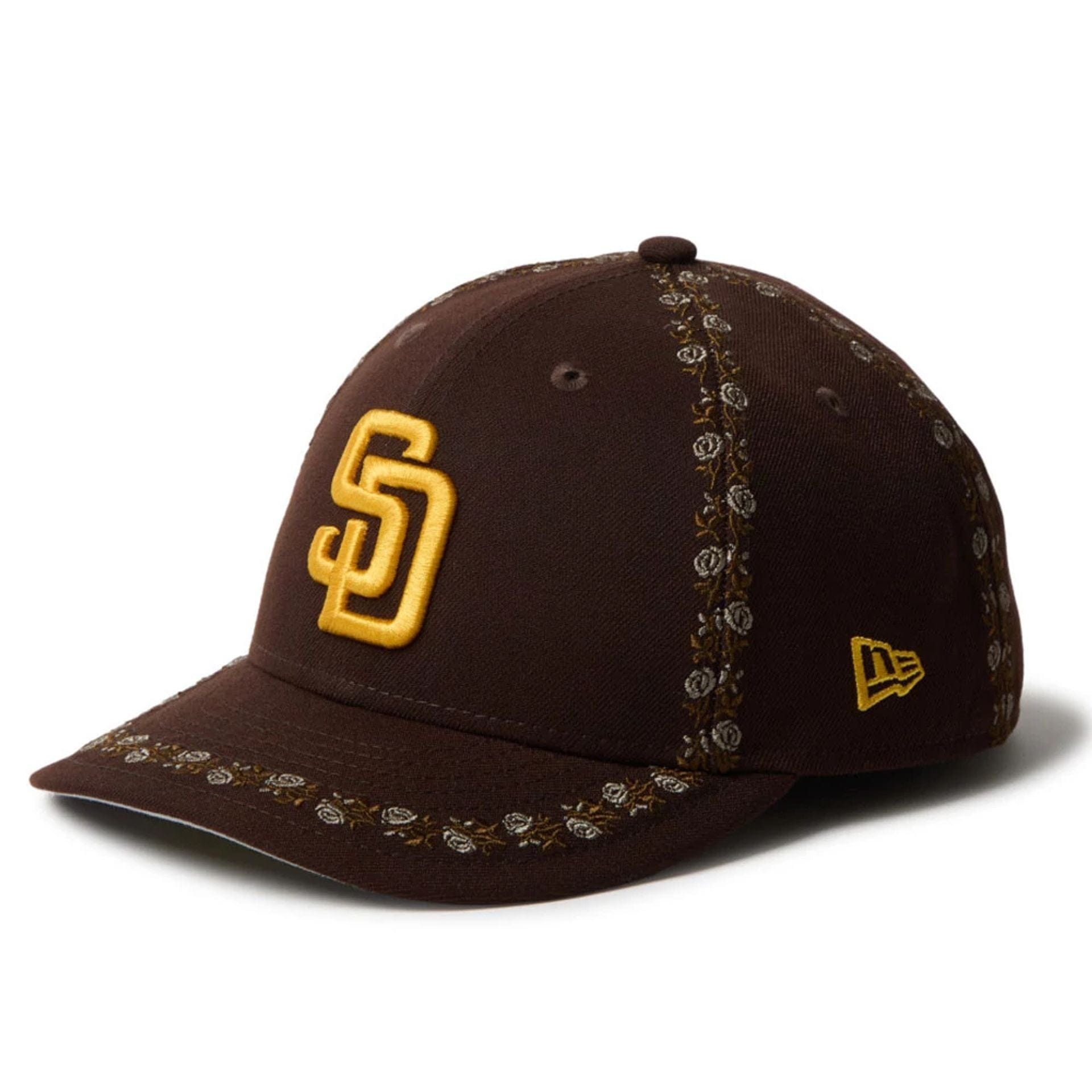 This is a San Diego Padres MLB Rose Emblem Dark Brown Low Profile 59FIFTY Fitted Cap 1