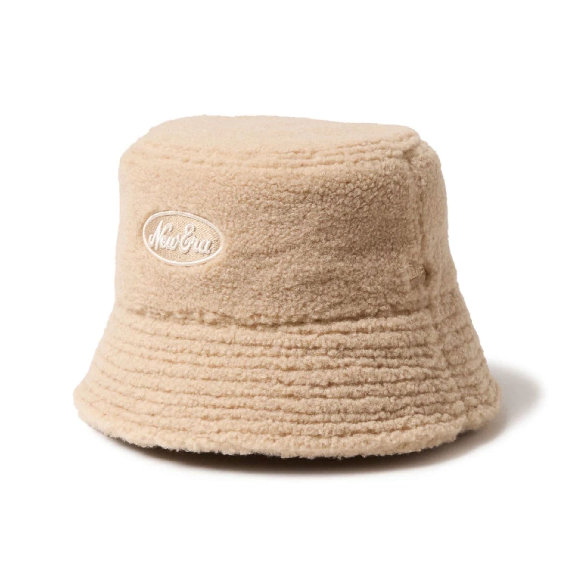 This is a New Era Oval Logo Boa Beige Bucket Hat 1