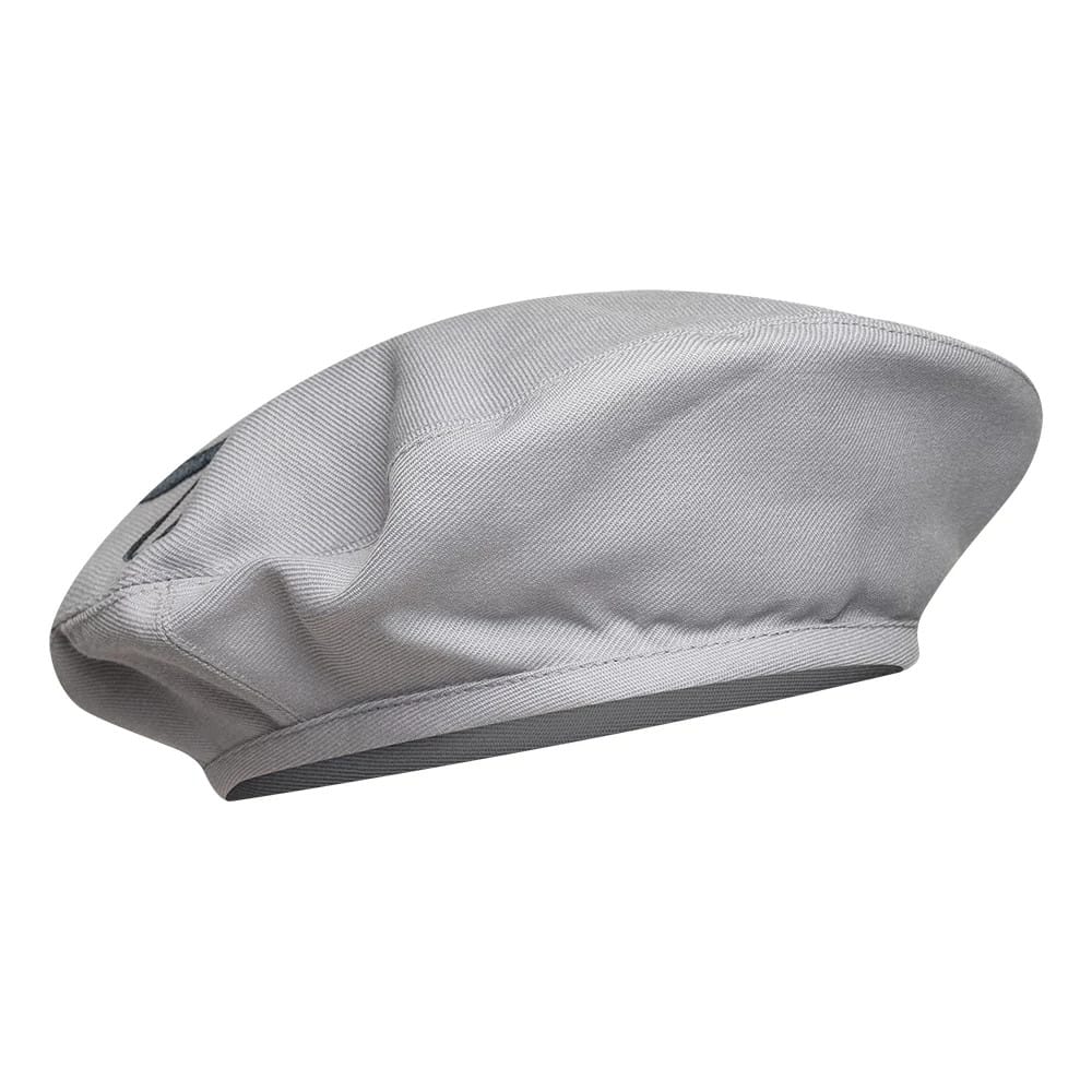 New Era Wool Grey Beret, side view showing the smooth grey wool fabric with the New Era flag logo subtly embroidered on the side, highlighting the classic beret shape and snug fit band.