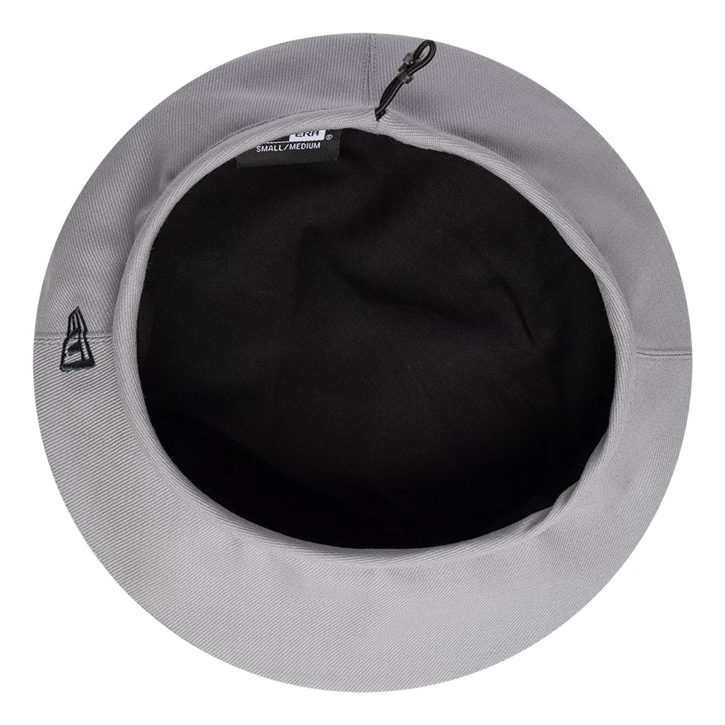 New Era Wool Grey Beret, inside view showing the black sweatband with size label, grey fabric, and embroidered New Era flag logo on the inner side, featuring a drawstring for adjustment.