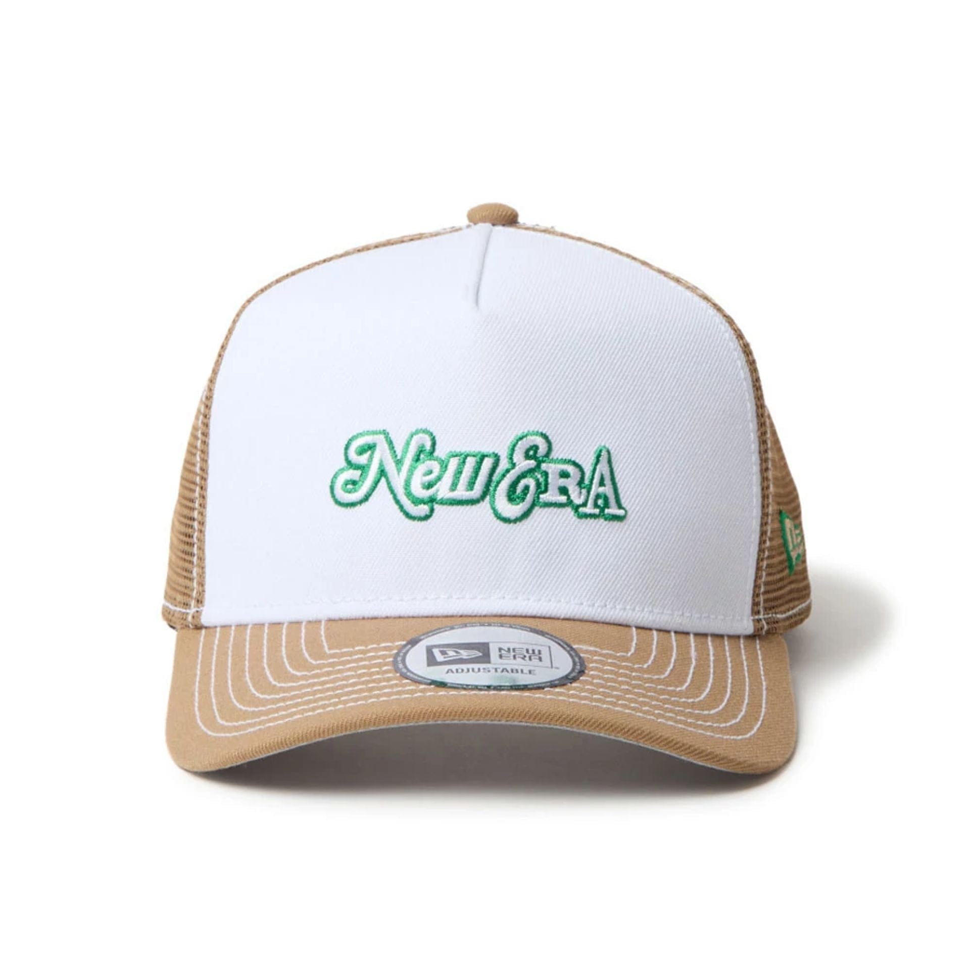 This is a New Era Archive Mix Logo Khaki 9FORTY A-Frame Trucker Adjustable Cap 2