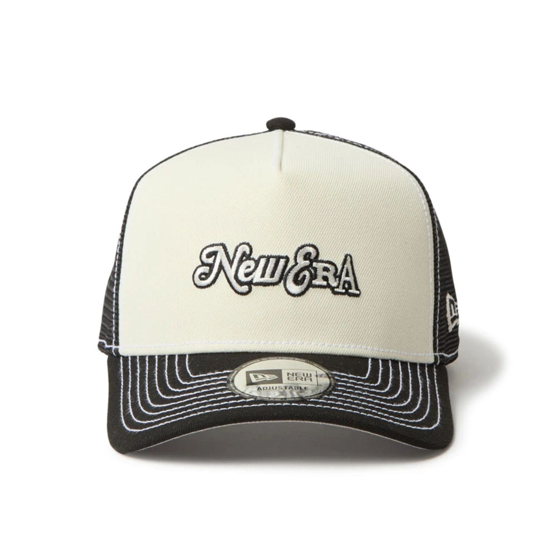 This is a New Era Archive Mix Logo Black 9FORTY A-Frame Trucker Adjustable Cap 2