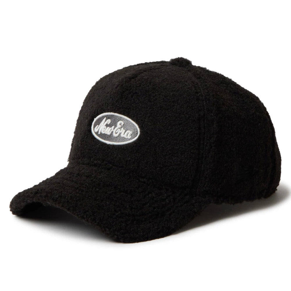 This is a Womens New Era Oval Logo Boa Black 9FORTY A-Frame Adjustable Cap 1