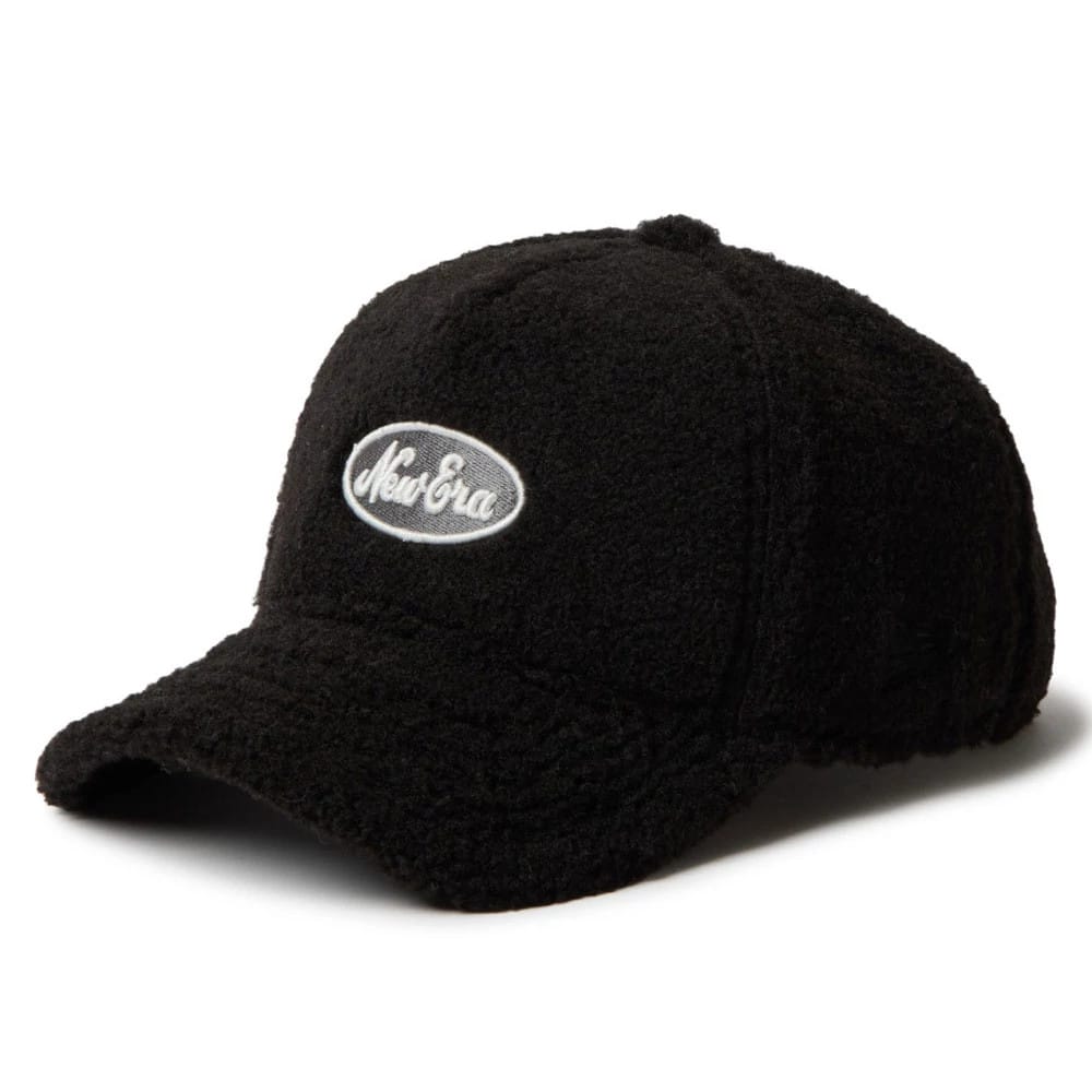 This is a Womens New Era Oval Logo Boa Black 9FORTY A-Frame Adjustable Cap 1