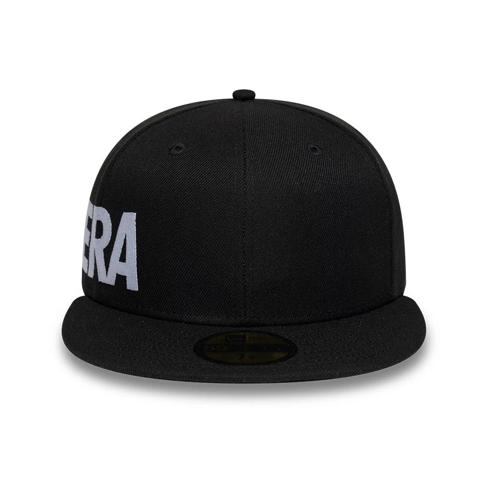 New Era Side Hit Black New Era 59FIFTY Fitted Cap, front view with raised white embroidery across the front panels, featuring a structured black crown, a flat black visor, and a gold 59FIFTY size sticker on top.