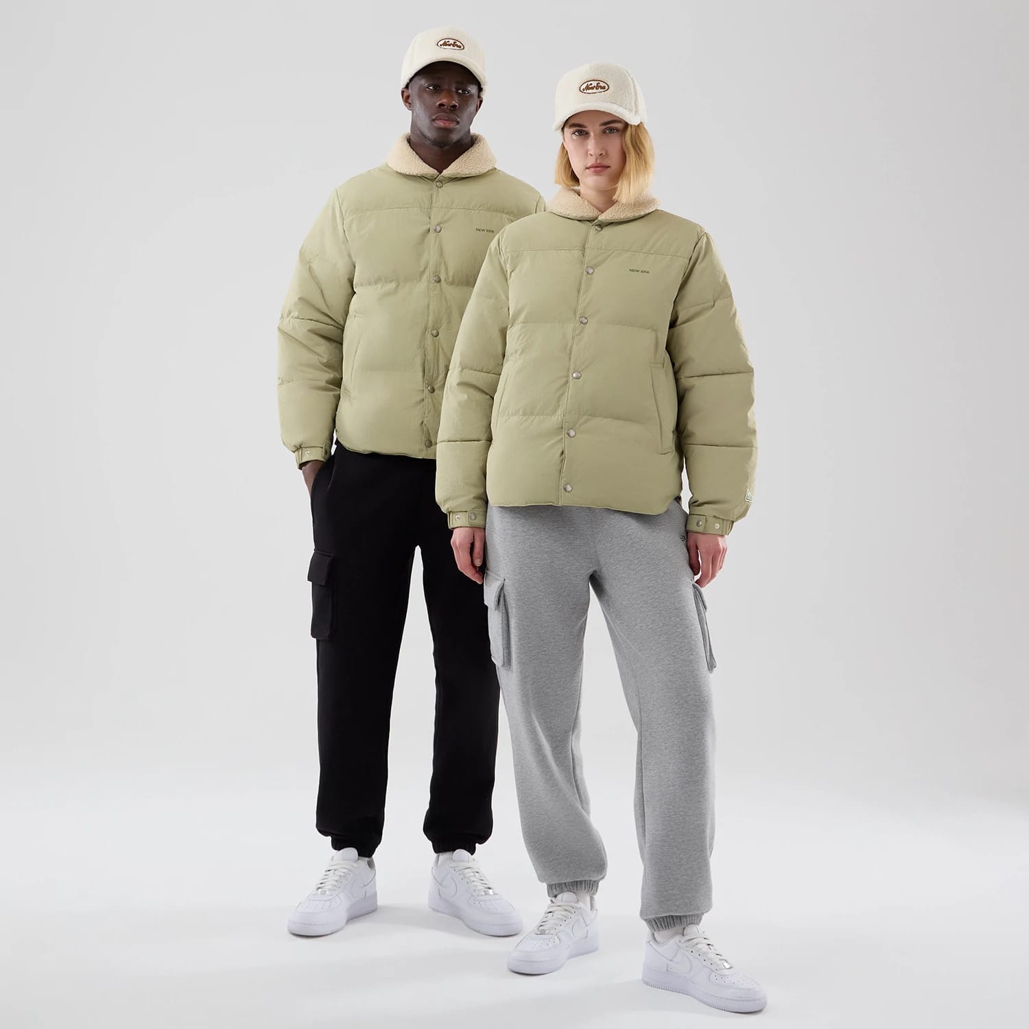 The Male model is wearing New Era Organic Boa Neck Khaki Jacket 1