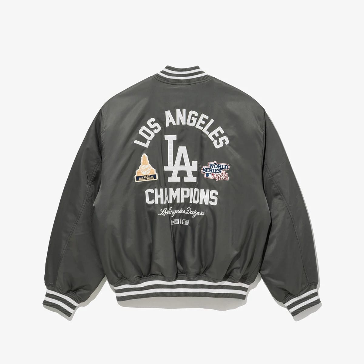 The Male model is wearing LA Dodgers MLB Grey Stadium Jacket 2
