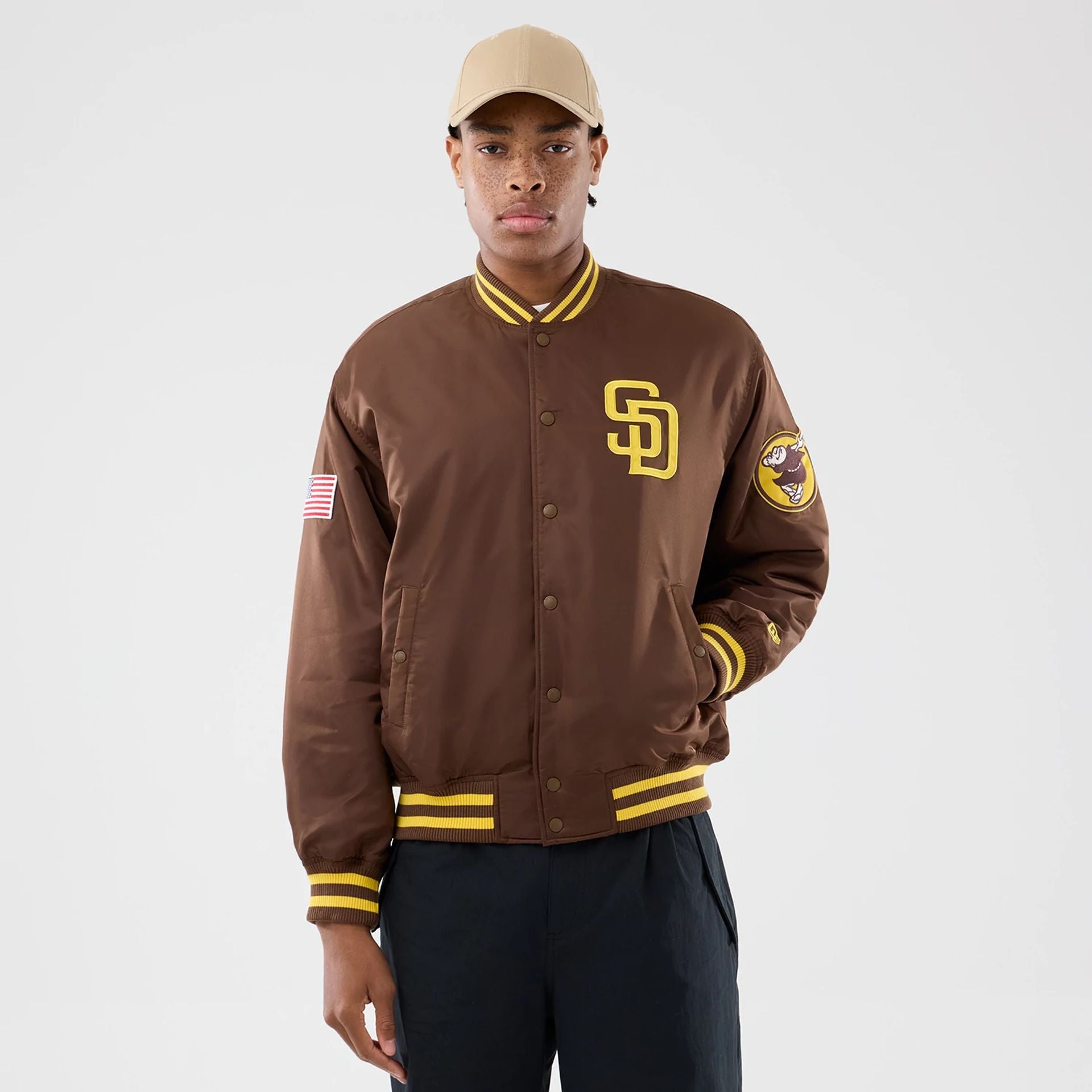 The Male model is wearing San Diego Padres MLB Authentic Dark Brown Stadium Jacket 1