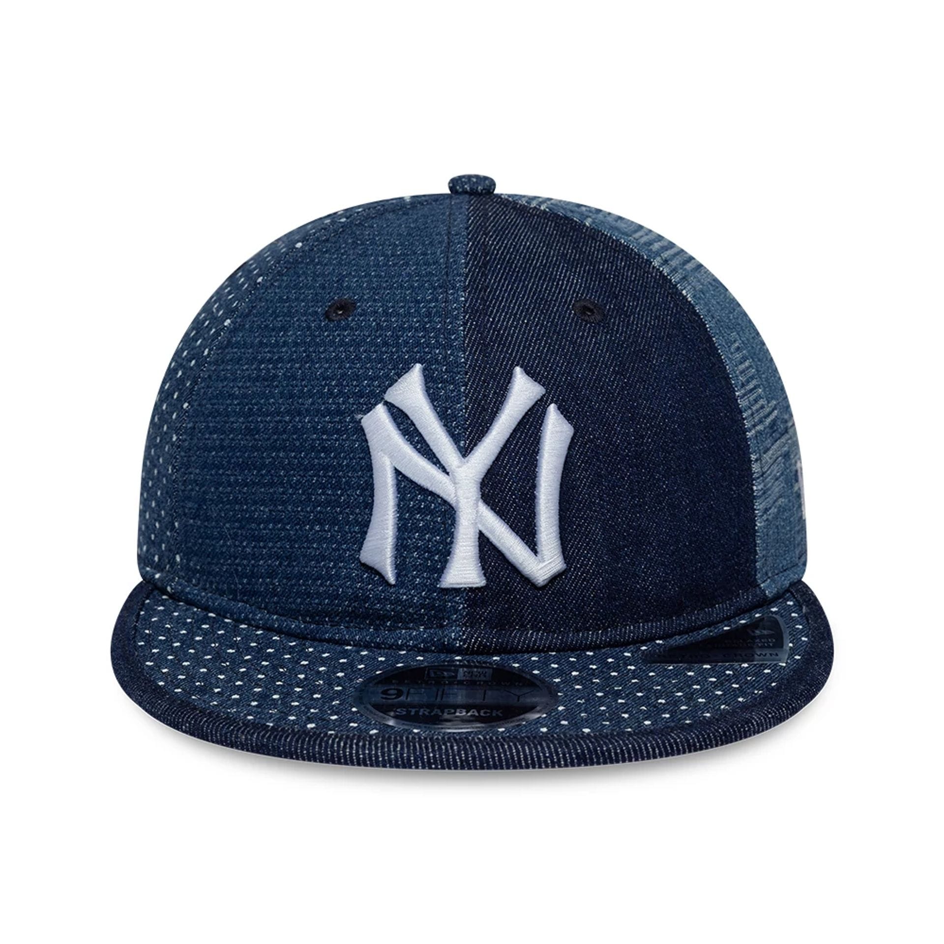 Pictured is this MLB Multi Panel Denim New York Yankees Retro Crown 9FIFTY cap in dark blue. 2