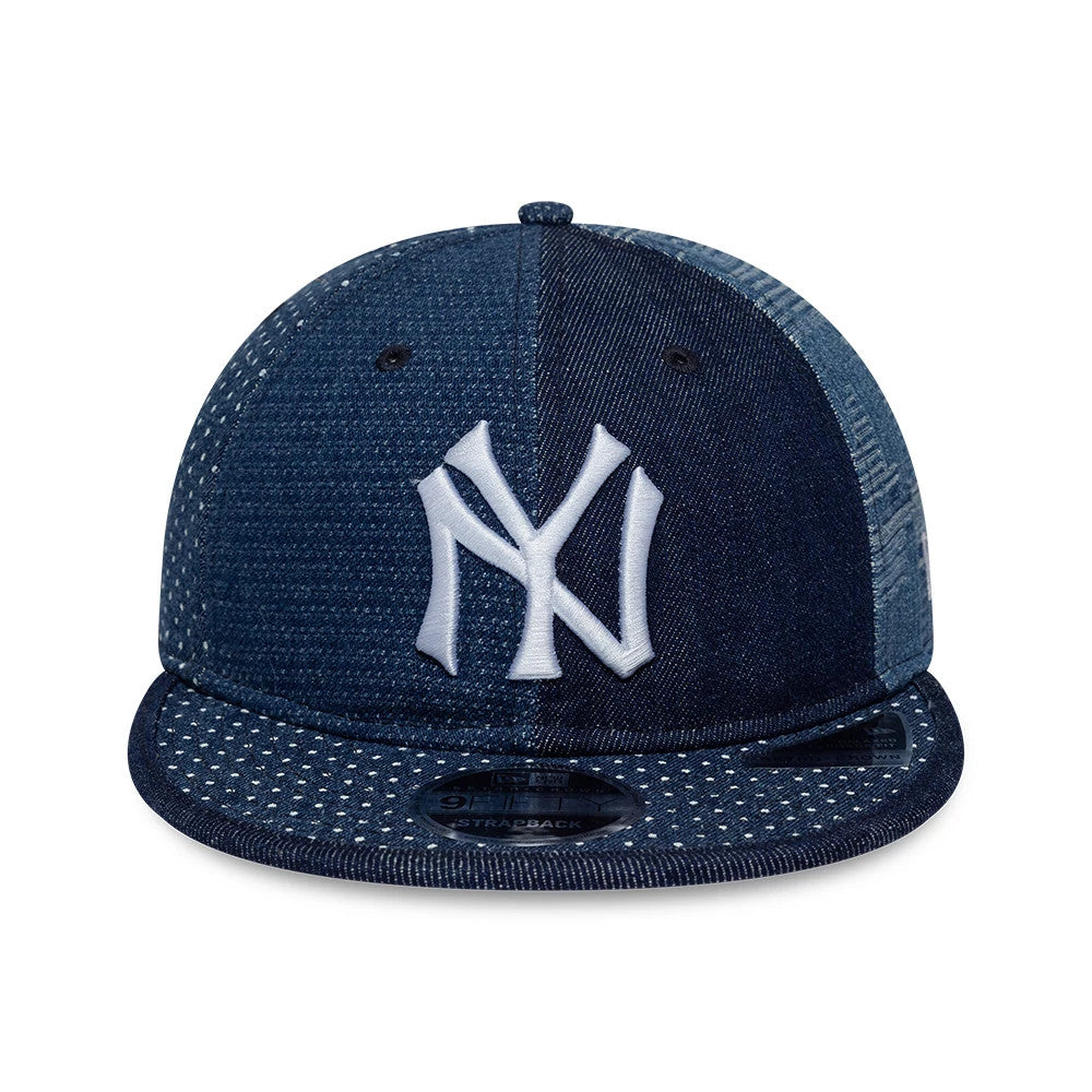 New York Yankees MLB Multi Denim Dark Blue Retro Crown New Era 9FIFTY Adjustable Cap, front view showing the raised white NY logo embroidered on the multi-shade denim crown with contrasting dot pattern on the visor and a 9FIFTY size sticker.