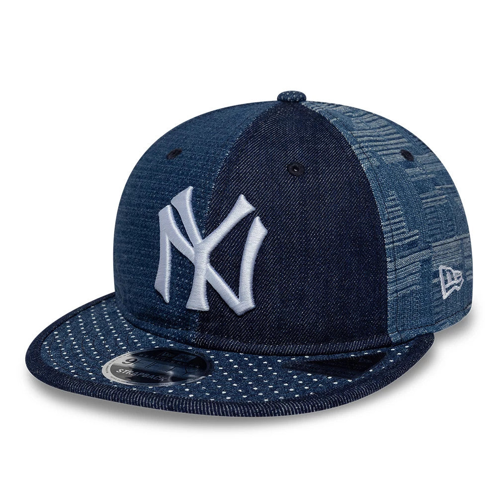 New York Yankees MLB Multi Denim Dark Blue Retro Crown New Era 9FIFTY Adjustable Cap, front view with raised white NY logo on the dark blue front panel, white New Era flag logo on the left side, and 9FIFTY size sticker on the visor.