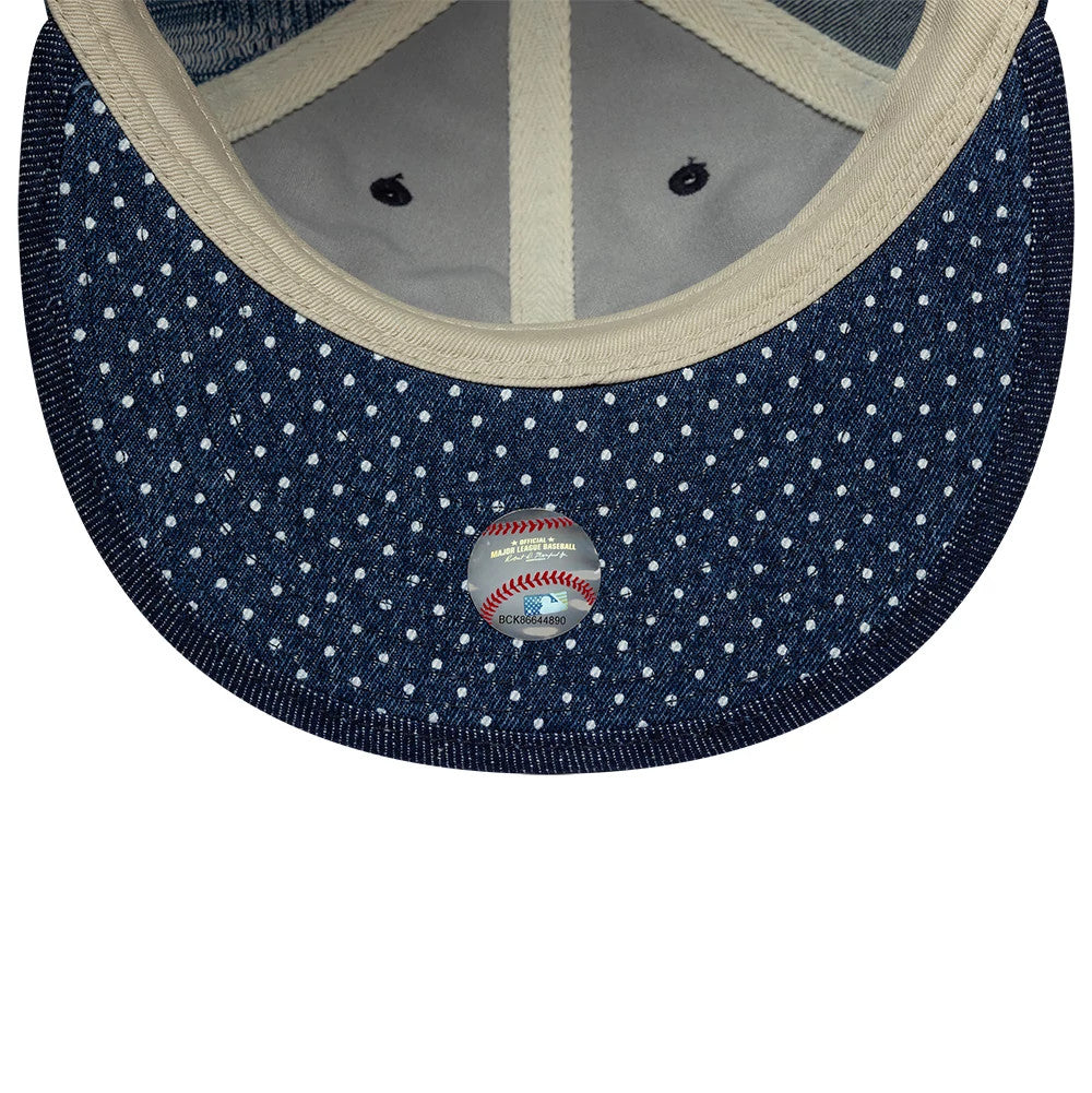 New York Yankees MLB Multi Denim Dark Blue Retro Crown New Era 9FIFTY Adjustable Cap, inside view showing the navy blue undervisor with white polka dots and a sticker, cream-coloured taping, and a grey sweatband.