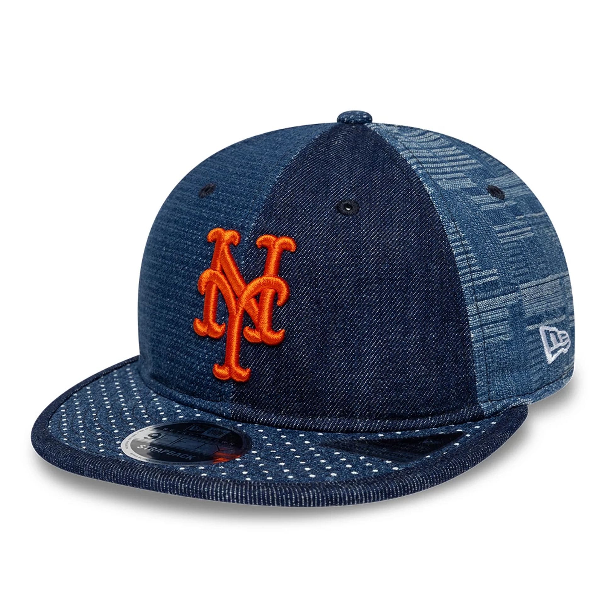 Pictured is this MLB Multi Panel Denim New York Mets Retro Crown 9FIFTY cap in dark blue. 1