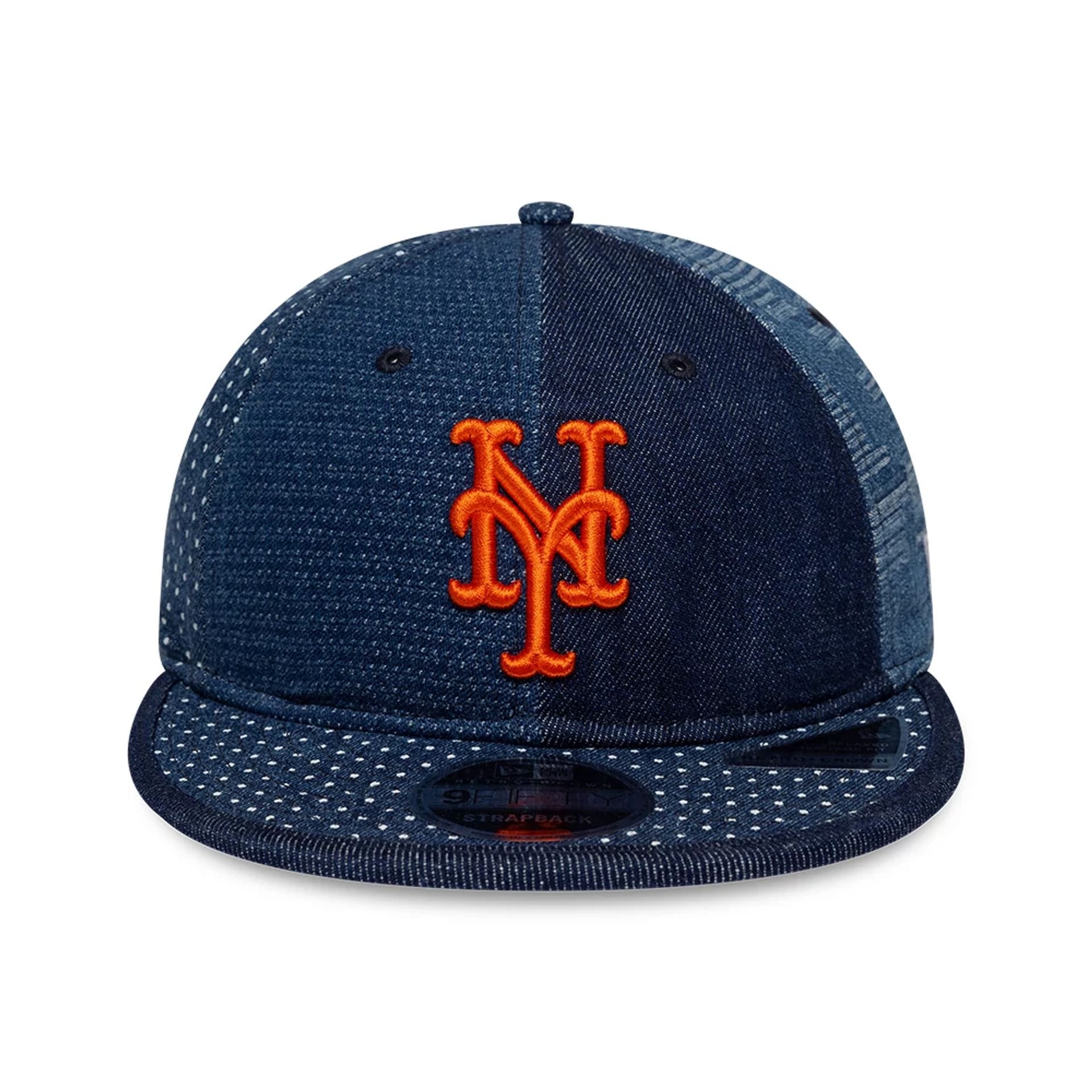 Pictured is this MLB Multi Panel Denim New York Mets Retro Crown 9FIFTY cap in dark blue. 2