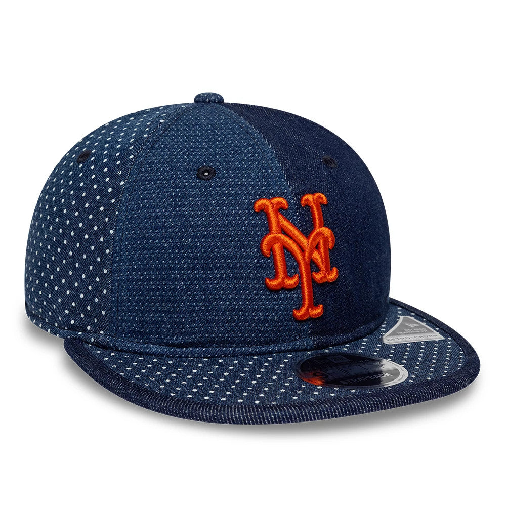 New York Mets MLB Multi Denim Dark Blue Retro Crown New Era 9FIFTY Adjustable Cap, front view showing the orange raised embroidered NY logo on the front panel and a 9FIFTY size sticker on the denim visor with white polka dot pattern.