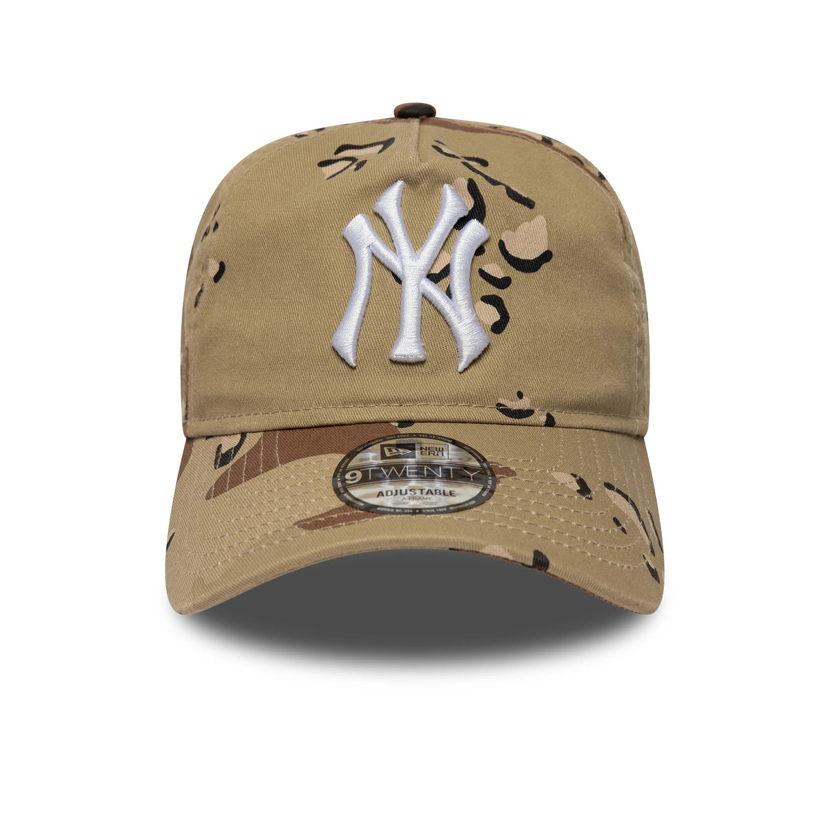 New York Yankees MLB Camo Reserve Desert Camo New Era 9TWENTY A-Frame Adjustable Cap, front view with raised white NY logo embroidered on the structured crown, and 9TWENTY size sticker on the visor.