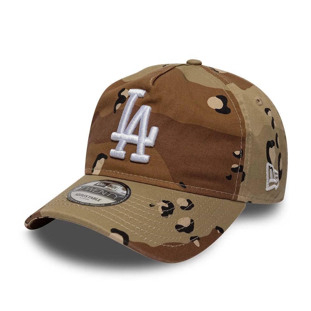 LA Dodgers MLB Camo Reserve Desert Camo New Era 9TWENTY A-Frame Adjustable Cap, front view showing raised white LA logo embroidery on camouflage crown, with New Era flag logo on the left side and 9TWENTY size sticker on the visor.