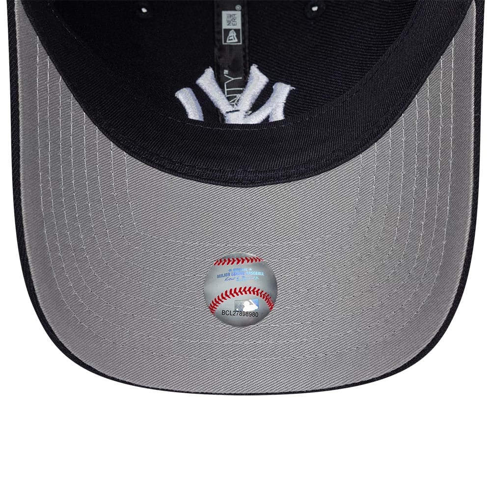New York Yankees MLB Wool Navy New Era 9TWENTY Adjustable Cap, inside view showing grey undervisor with a holographic sticker, a black sweatband with branding, and a small peek of the white embroidered NY logo through the front panels.
