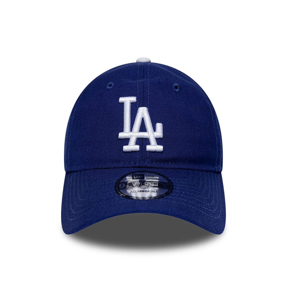 LA Dodgers MLB Wool Blue New Era 9TWENTY Adjustable Cap, front view showing a raised white LA logo on the structured blue crown and a 9TWENTY size sticker centred on the blue visor.
