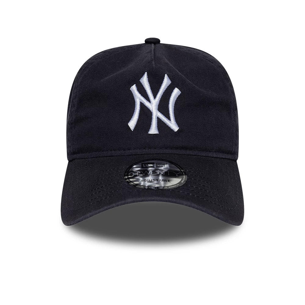 New York Yankees MLB Navy New Era 9TWENTY A-Frame Adjustable Cap, front view showing the raised white embroidered NY logo on the centre of the navy crown with a 9TWENTY size sticker on the curved visor.